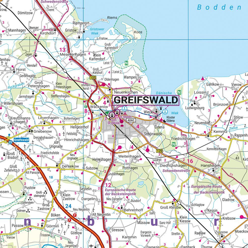 Detaljutnitt av veikart over Rügen og Mecklenburg-Vorpommern