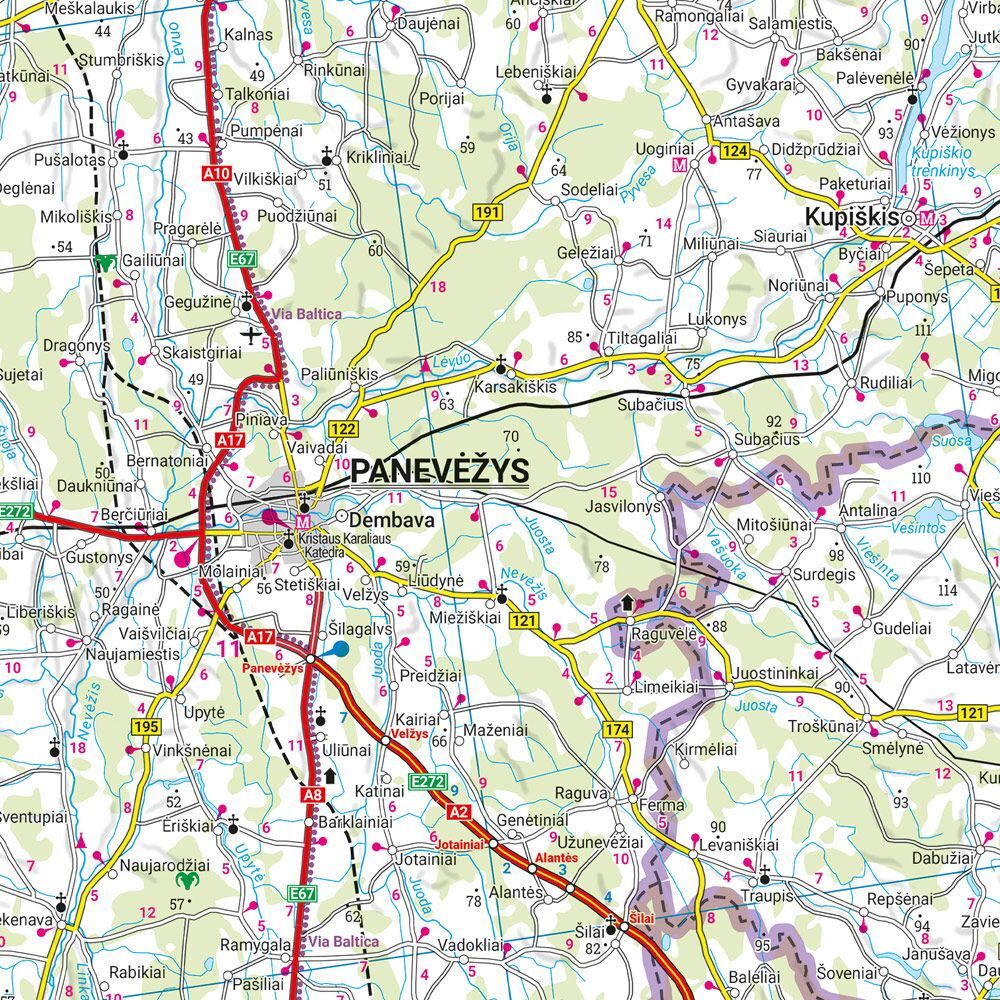 Detaljutsnitt av Baltikum veikart 1:400 000 med veier og stedsnavn