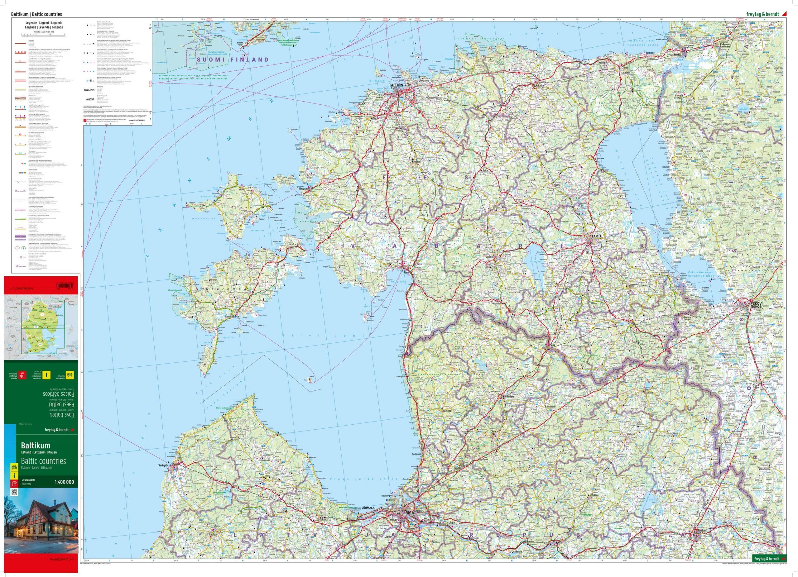 Utbrettet Baltikum veikart 1:400 000 som viser Estland, Lettland og Litauen