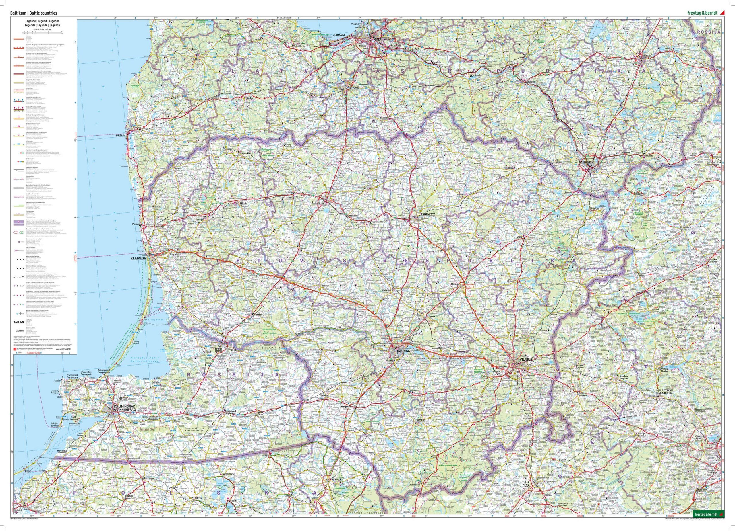 Utbrettet Baltikum veikart 1:400 000 som viser Estland, Lettland og Litauen