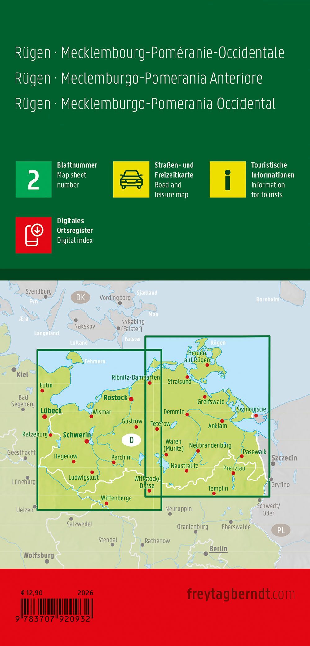 Bakside av veikart over Rügen og Mecklenburg-Vorpommern