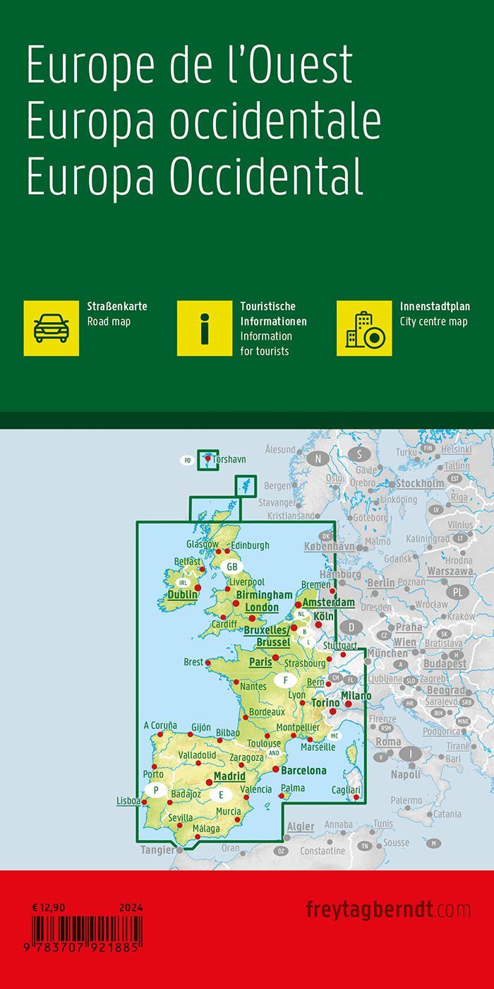 Bakside av Vest-Europa veikart med informasjon om dekning og innhold