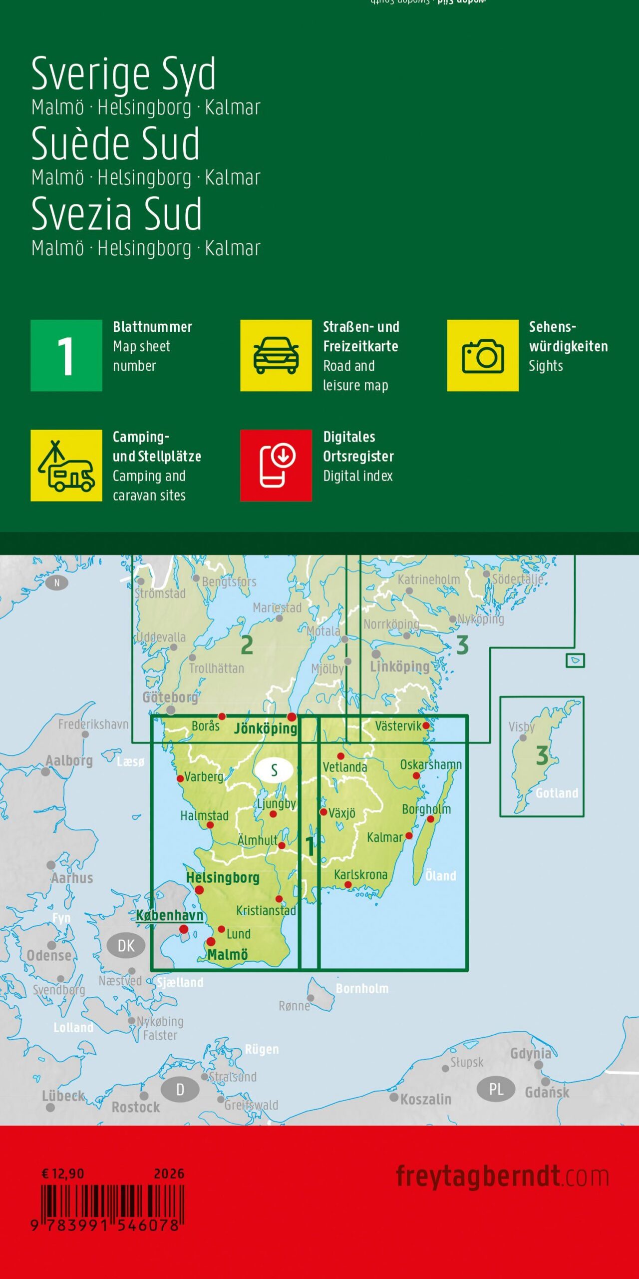Baksiden av veikartet Sør-Sverige 1:250 000 med