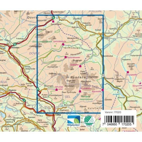 Kartutsnitt som viser dekningsområdet for Rondane Nord Turkart Pro