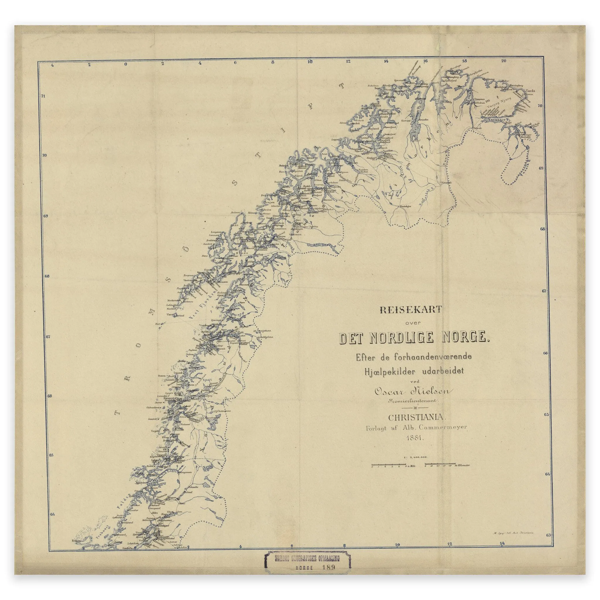 Reisekart over Norge nord for Trondheim 1881
