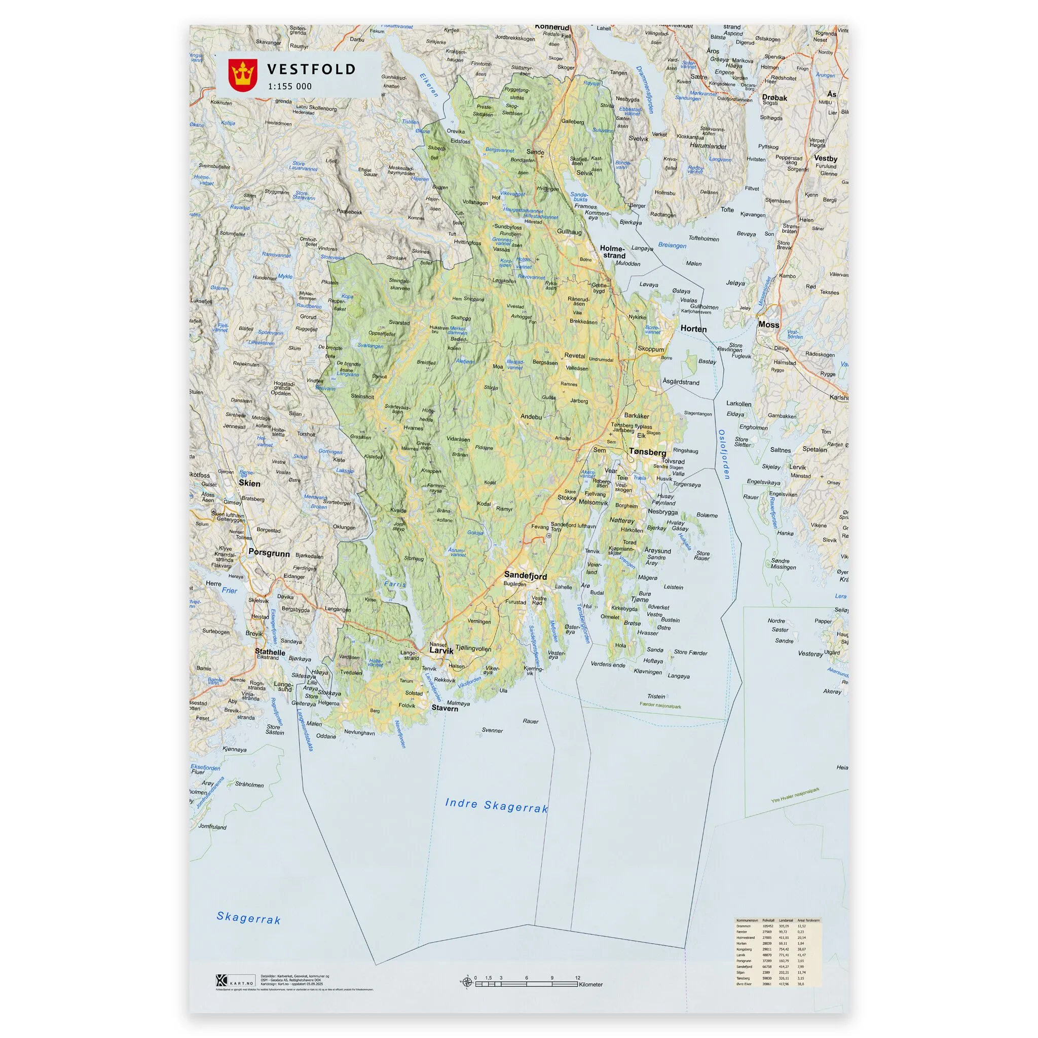 Kart over Vestfold i størrelse 50x75 cm med kommuner og oppdaterte grenser – tilgjengelig som plakat, på plate eller ferdig innrammet.