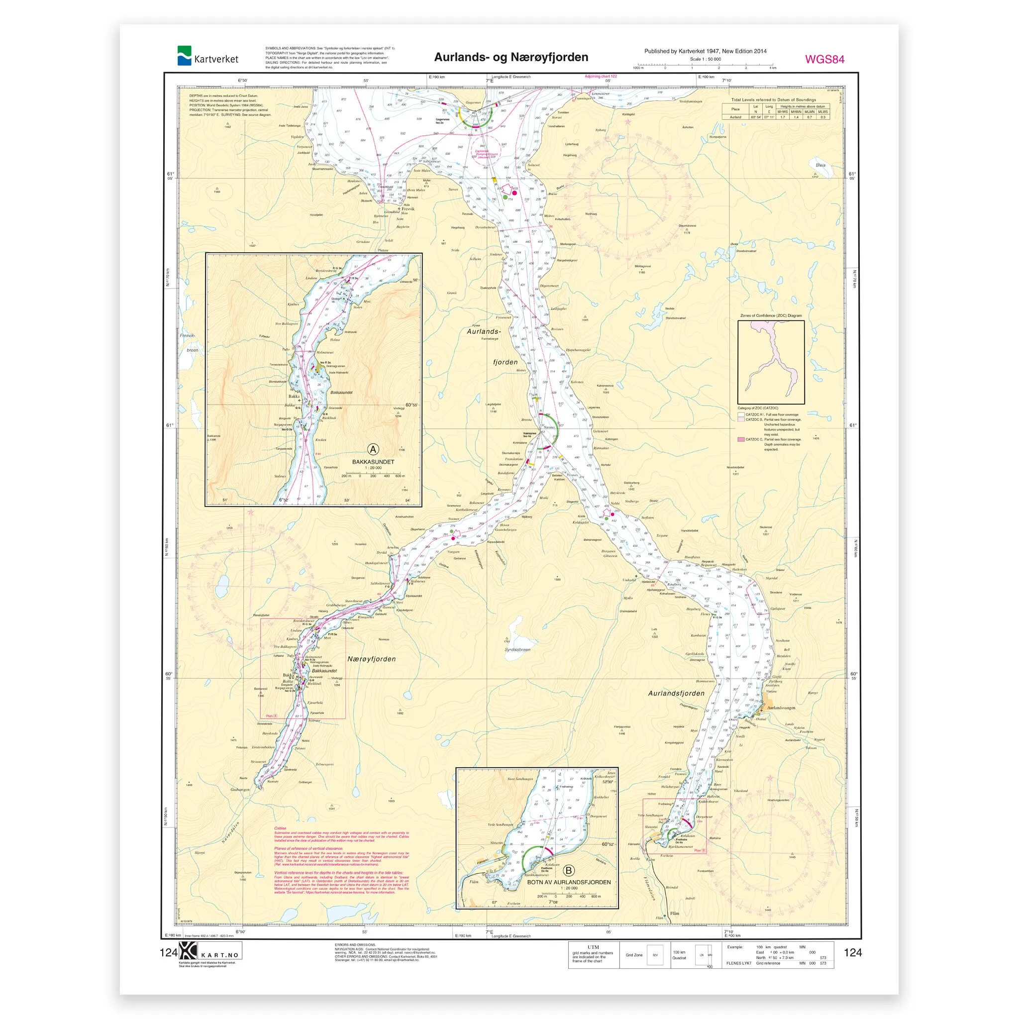 Kartverket – hovedkart 124: Aurlands- og Nærøyfjorden