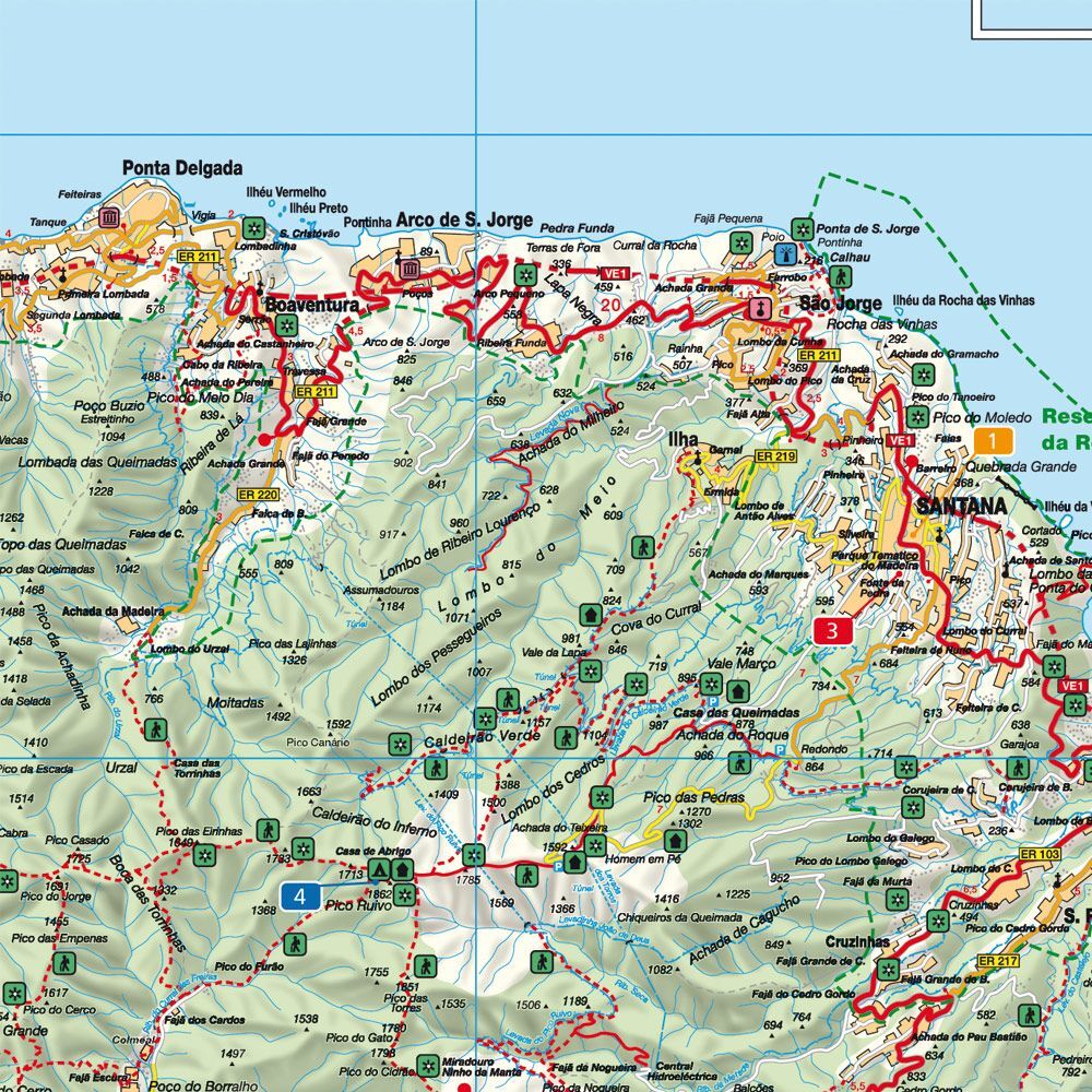 Detaljutsnitt fra Madeira veikart som viser veinett, stedsnavn og severdigheter