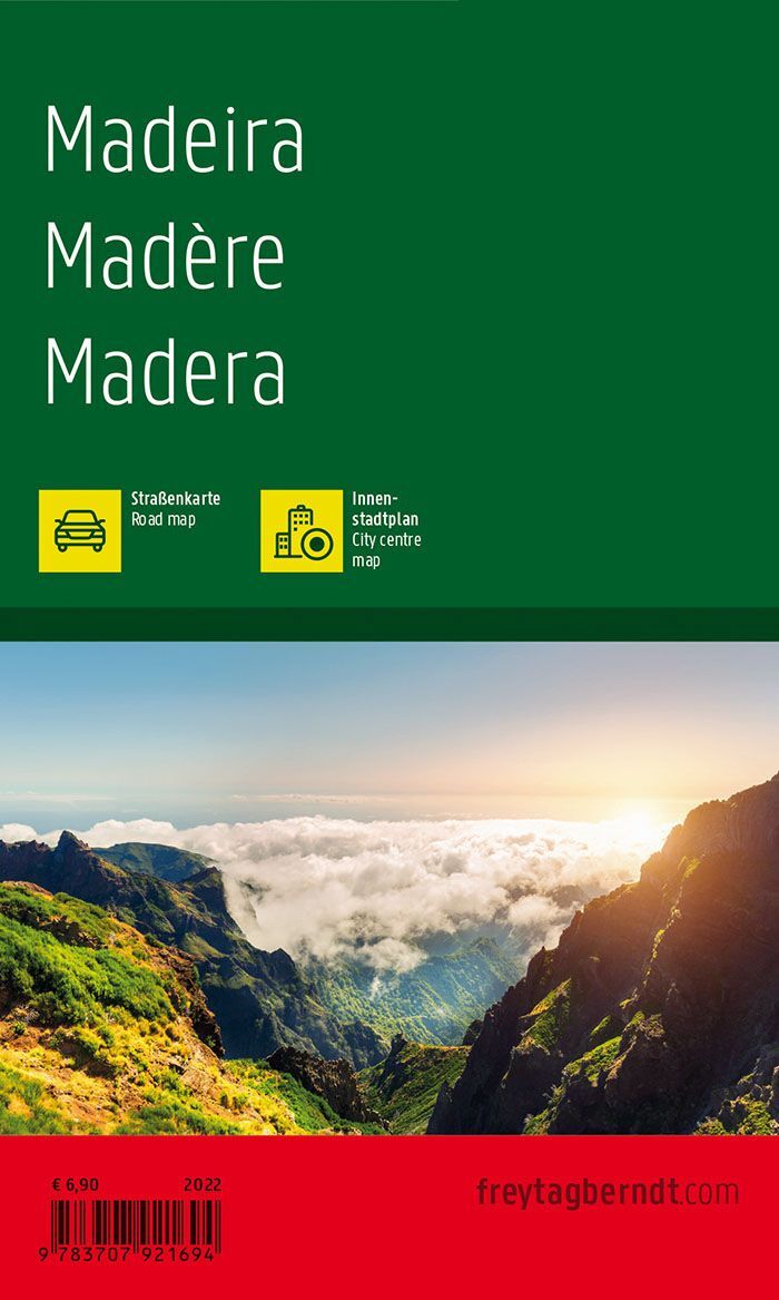 Bakside av Madeira veikart i lommeformat med informasjon om dekning og innhold