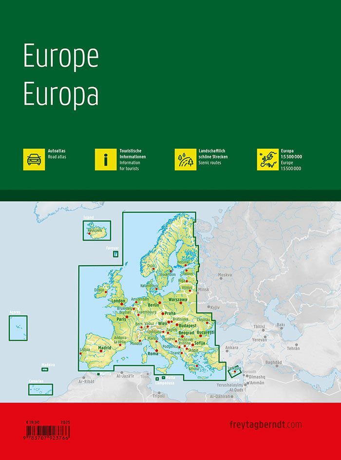 Bakside av Europa bilatlas med informasjon om innhold og dekning