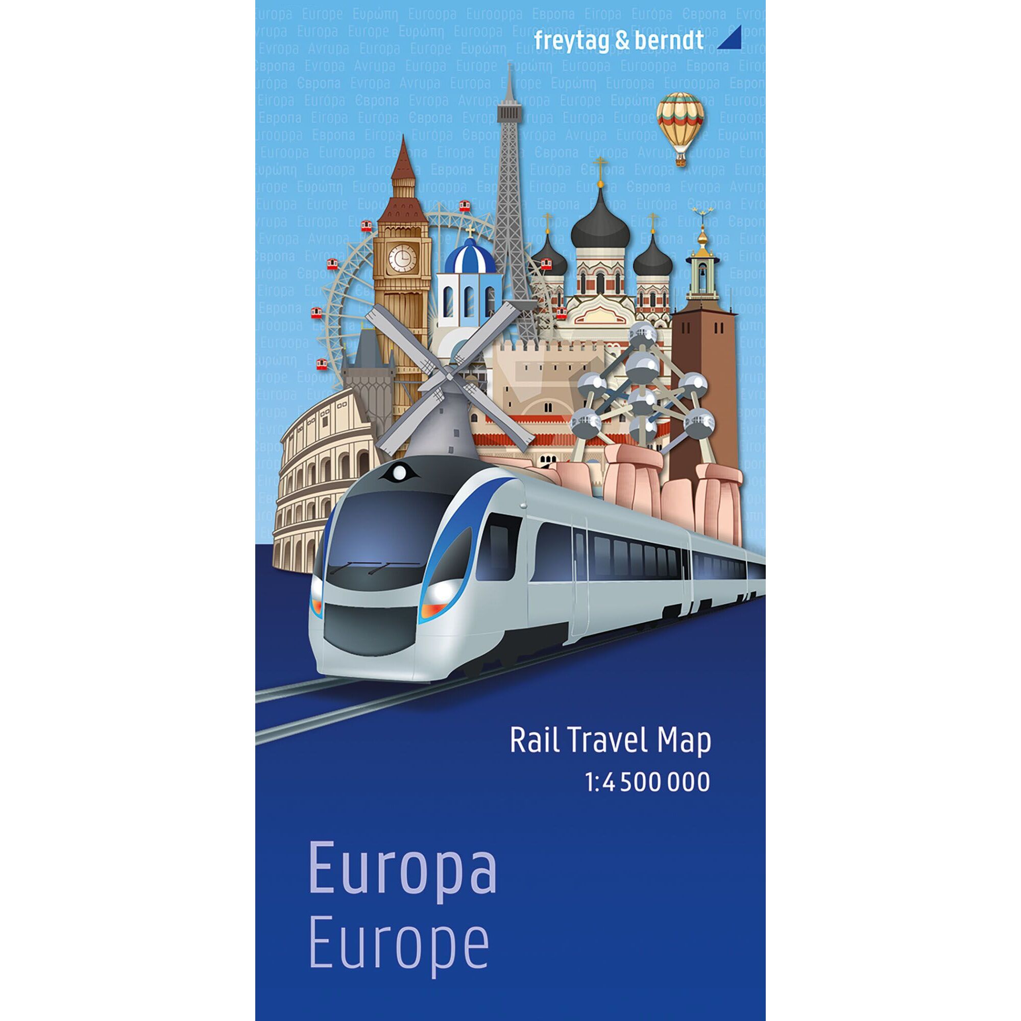 Omslag til jernbanekart over Europa med illustrert tog og europeiske landemerker