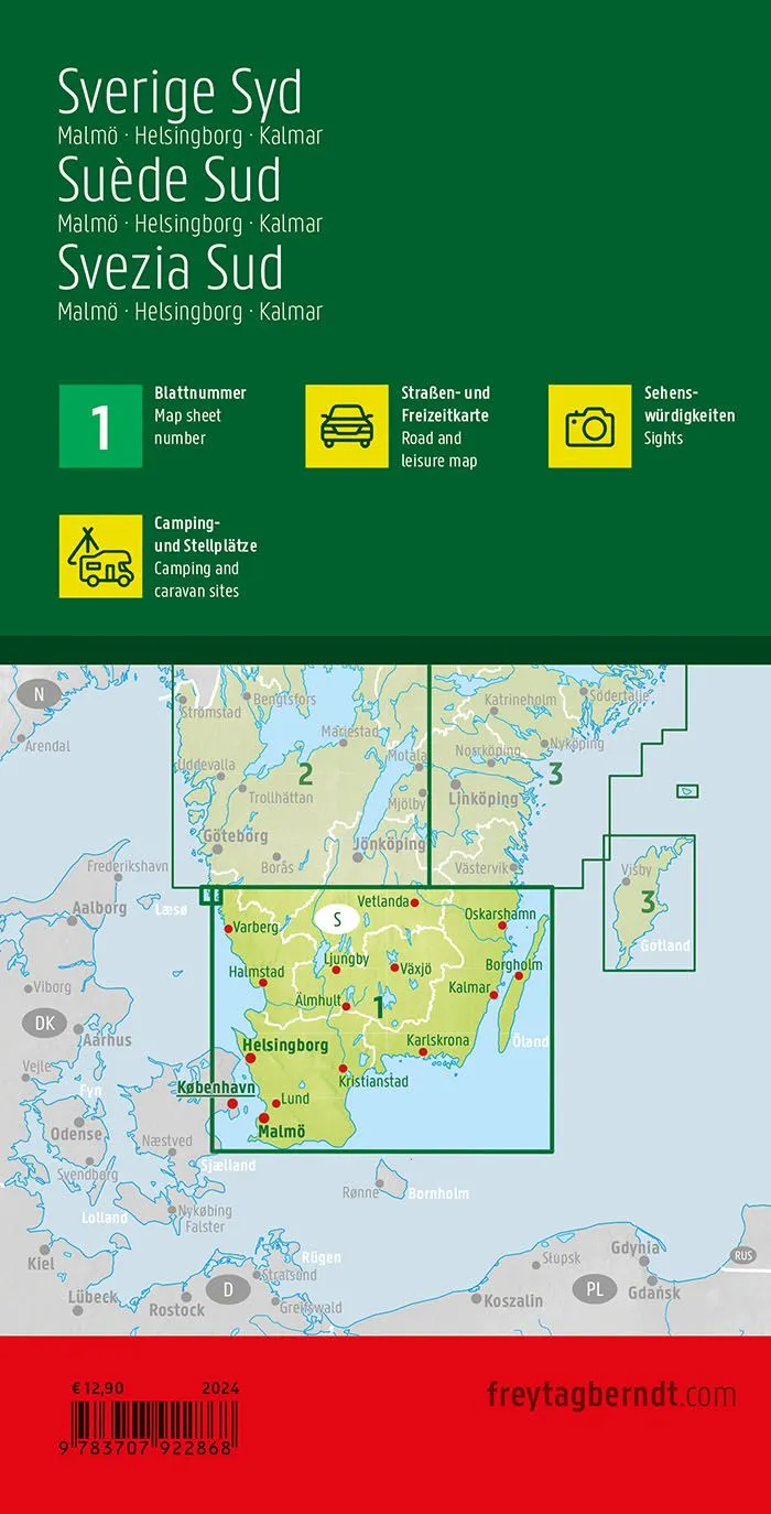 Bakside av Sør-Sverige veikart med informasjon om dekning og innhold