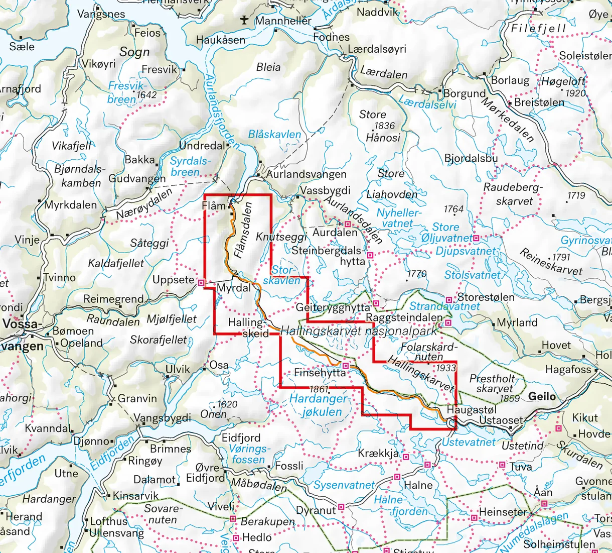 Kartutsnitt Rallarvegen sykkelkart 1:25 000