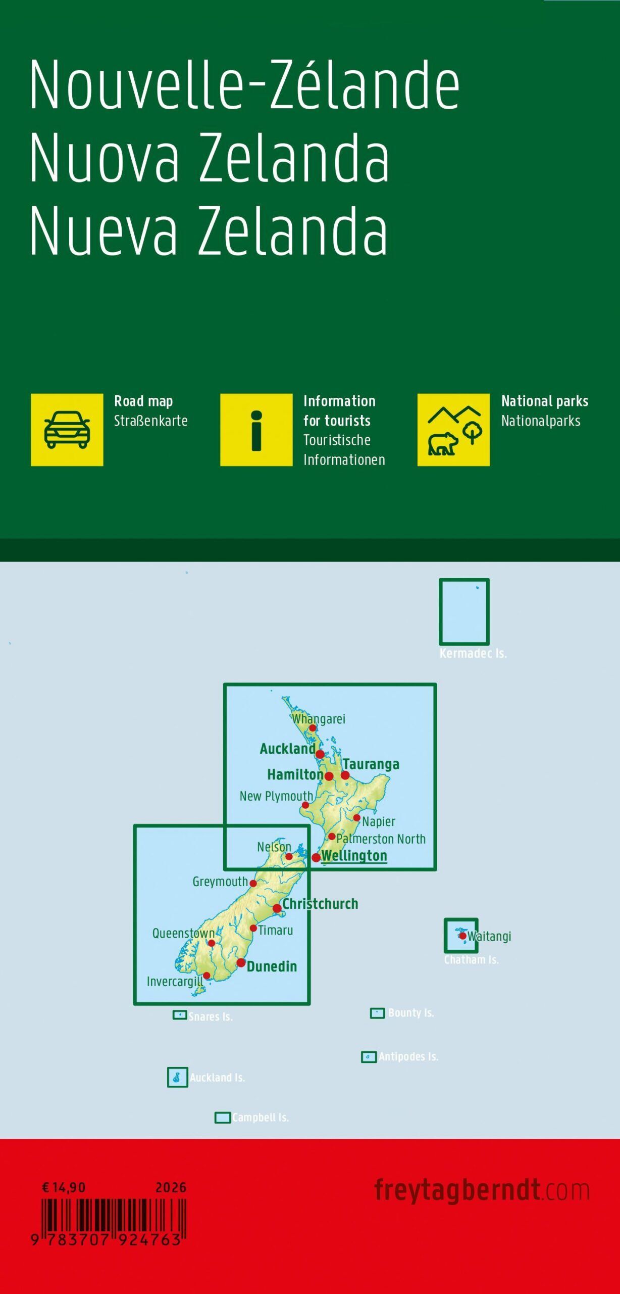 New Zealand – veikart (flerspråklig) – bakside