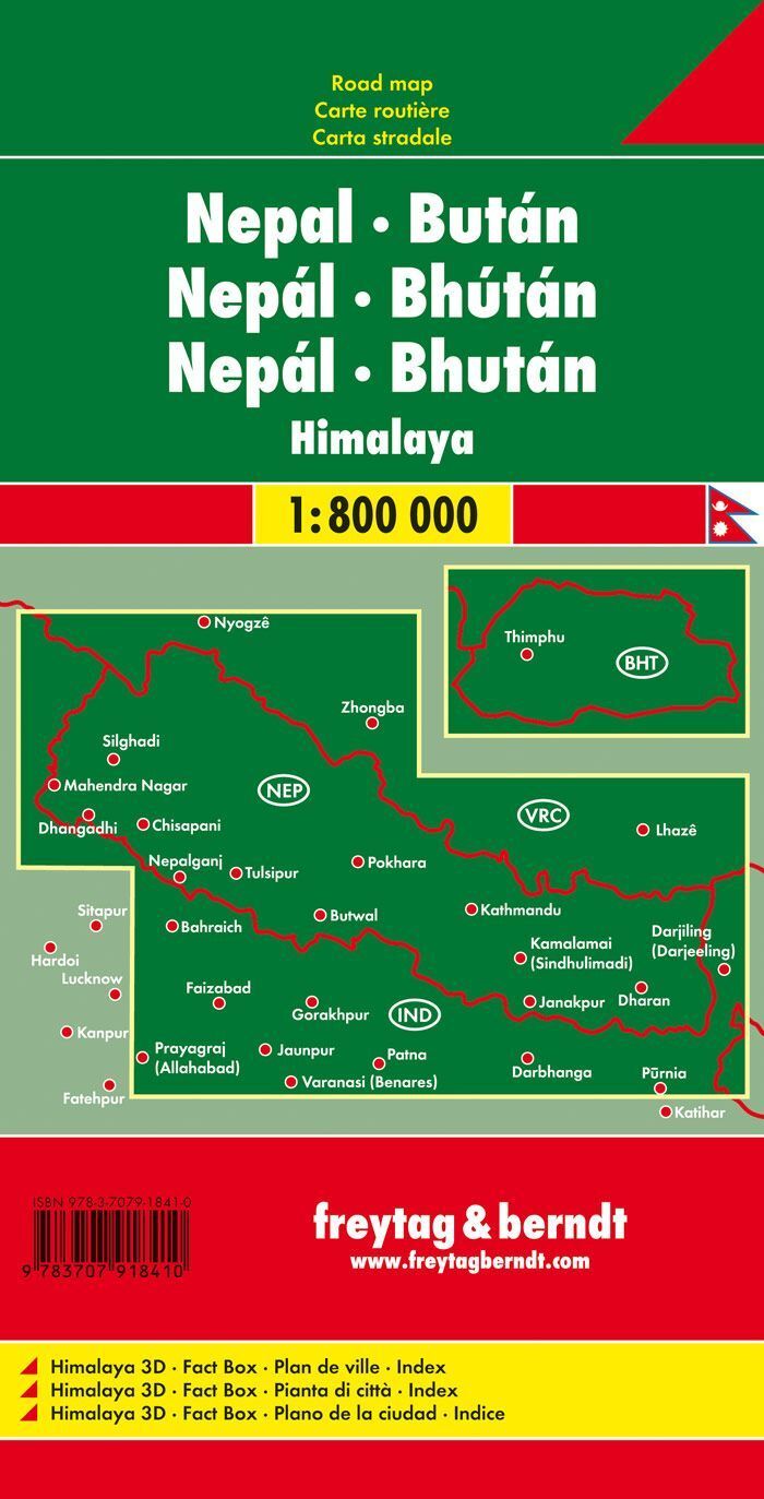 Nepal og Bhutan – veikart (flerspråklig) – bakside