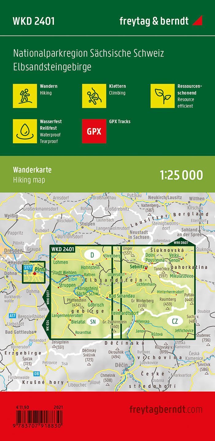 Sächsische Schweiz og Elbsandsteingebirge – turkart med infoguide (vannfast) – bakside