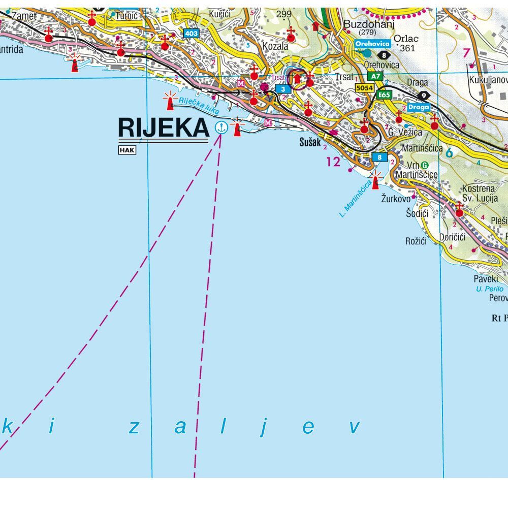 Cres, Lošinj, Krk og Rab – veikart (flerspråklig) – kartutsnitt