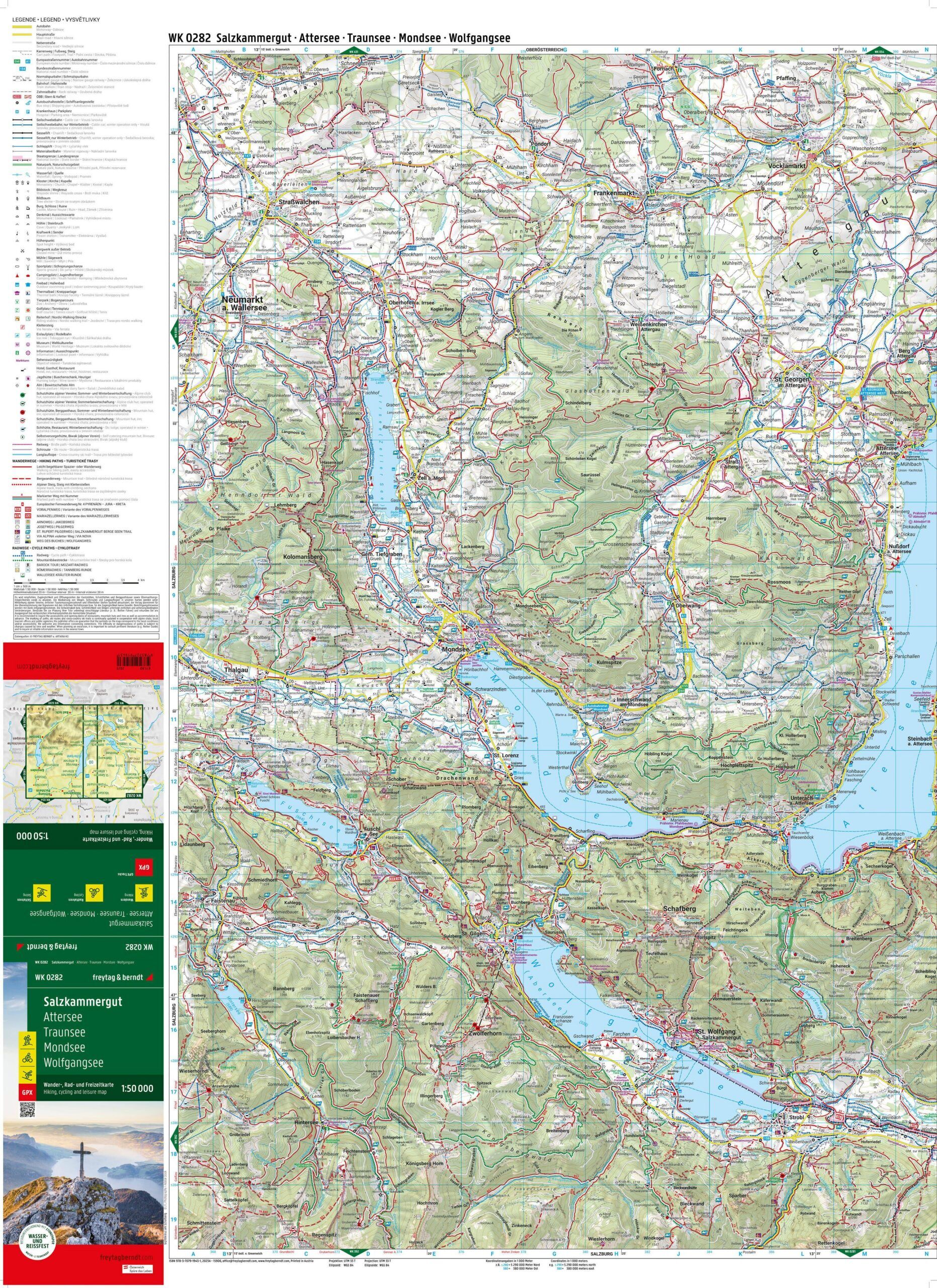 Attersee, Traunsee, Mondsee og Wolfgangsee – turkart 1:50 000 (vannfast) – kartutsnitt