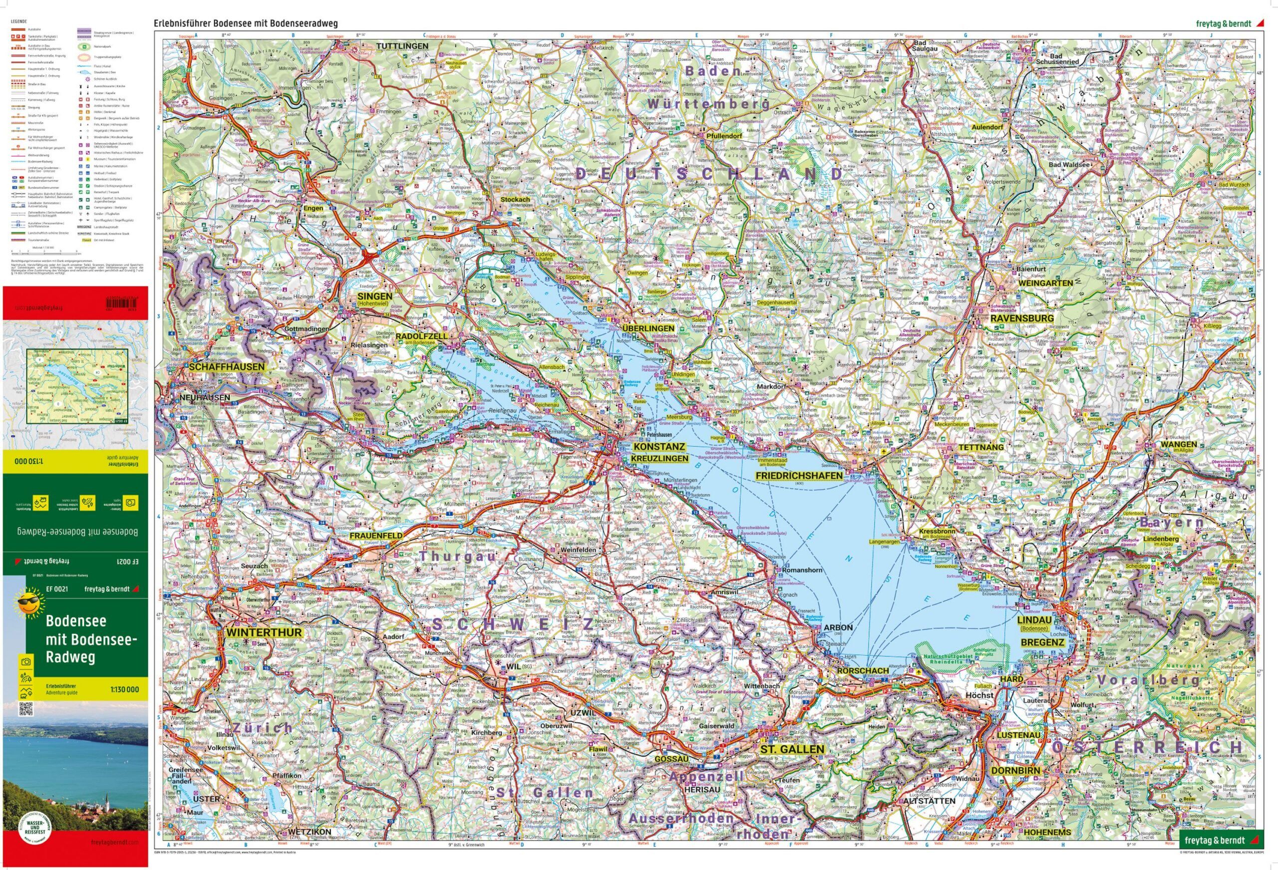 Bodensee og Bodensee-Radweg – fritidskart 1:130 000 (vannfast) – kartutsnitt