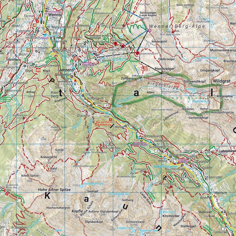 Ötztal, Pitztal, Kaunertal og Wildspitze – turkart 1:50 000 (vannfast) – kartutsnitt