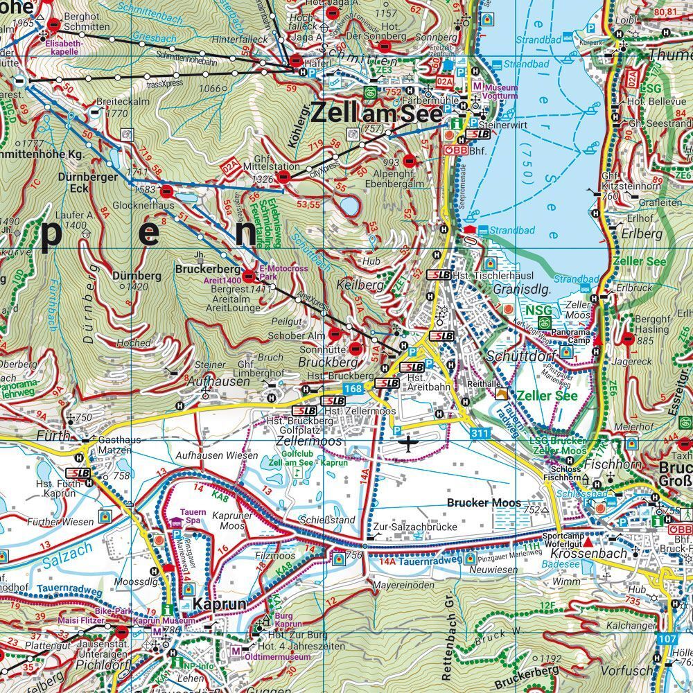 Großglockner, Sonnblick, Kaprun og Zell am See – turkart 1:50 000 (vannfast) – kartutsnitt
