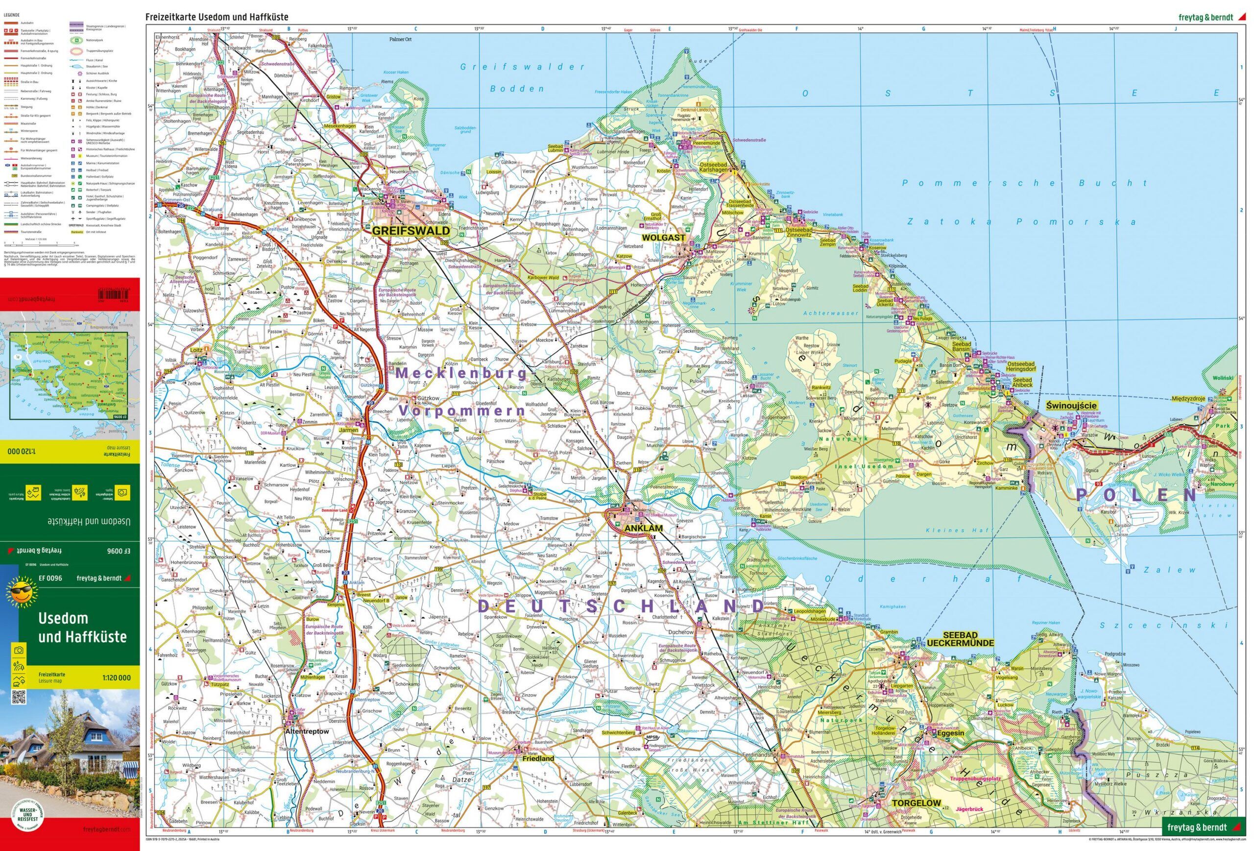 Usedom og Haffküste – fritidskart 1:120 000 (vannfast) – kartutsnitt