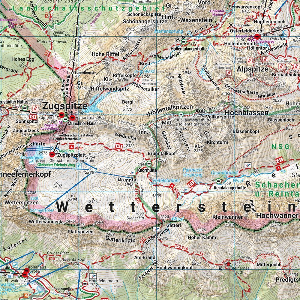 Wetterstein og Karwendel – turkart 1:50 000 (vannfast) – kartutsnitt