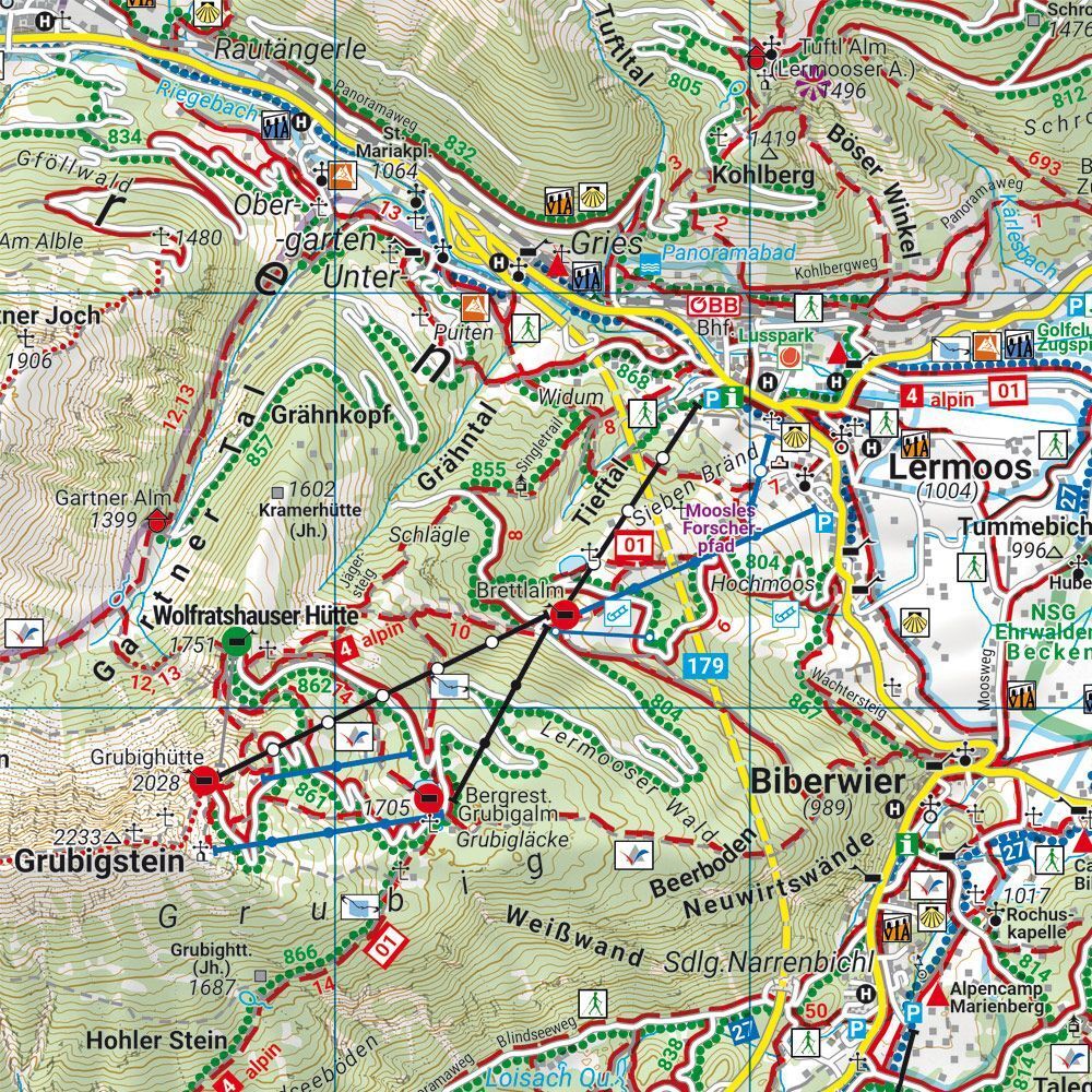 Tannheimer Tal, Reutte og Zugspitze – turkart 1:50 000 (vannfast) – kartutsnitt