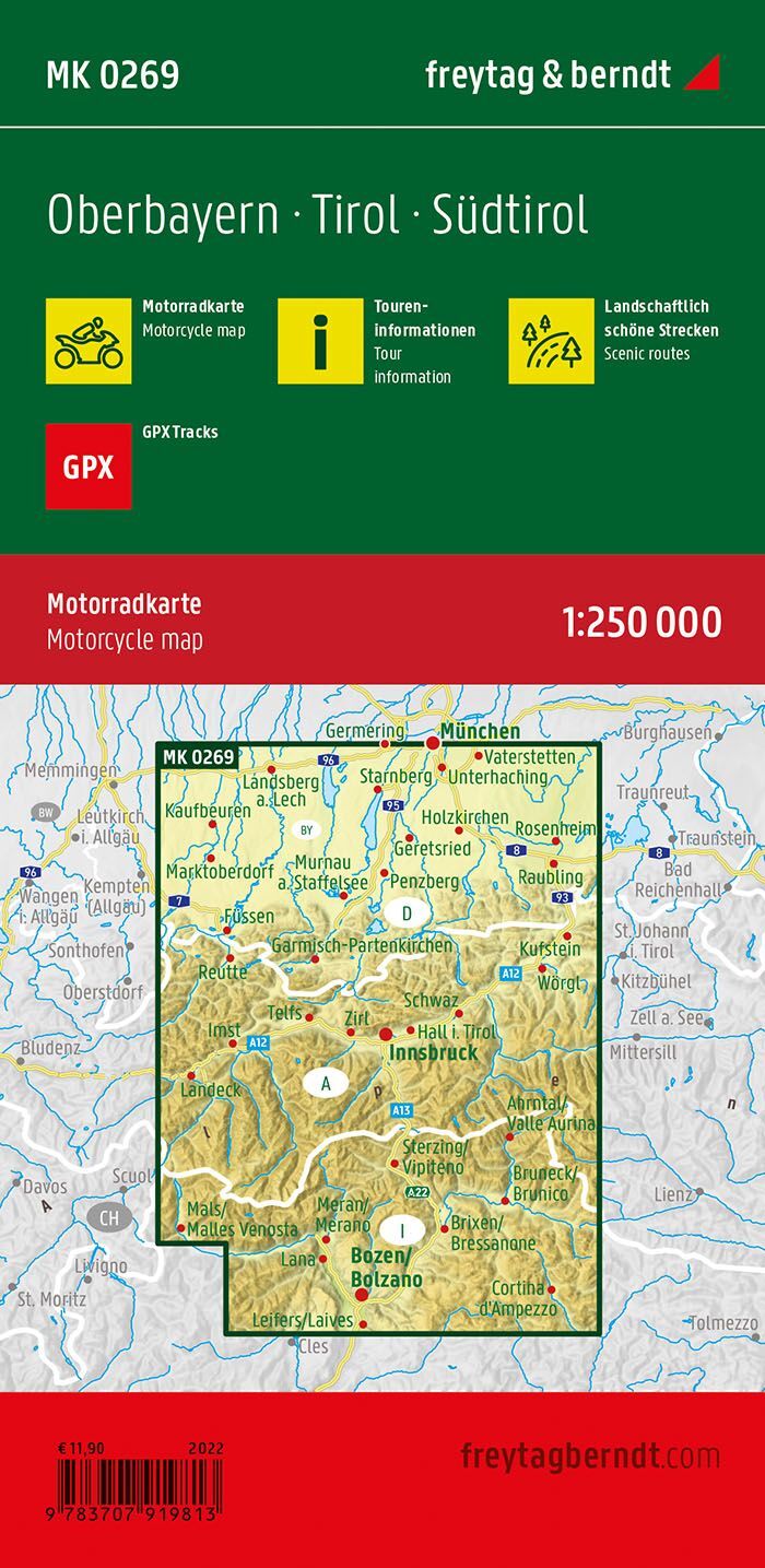 Oberbayern, Tirol og Sør-Tyrol – motorsykkelkart 1:250 000 (vannfast) – bakside