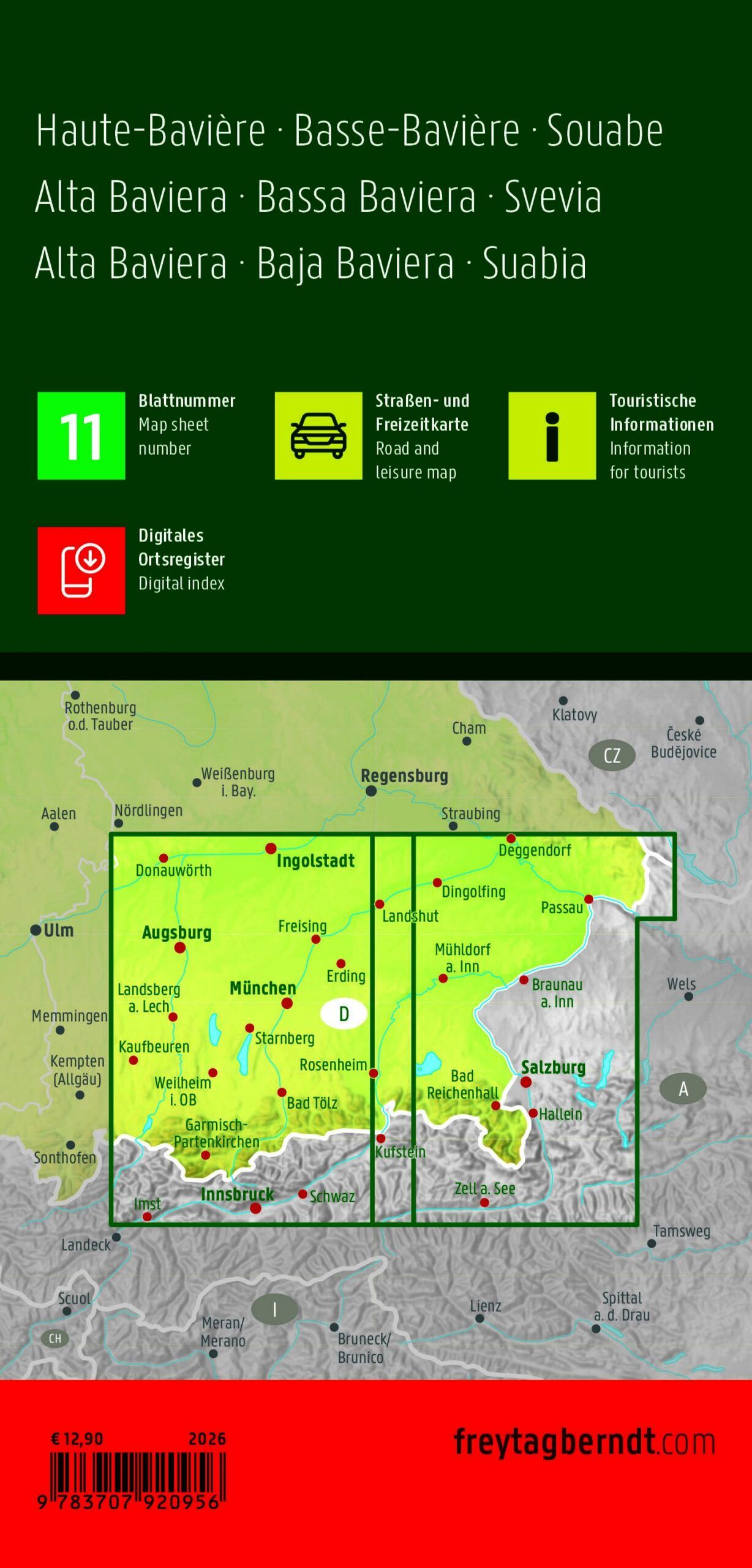 Oberbayern, Niederbayern og Schwaben – veikart (flerspråklig) – bakside