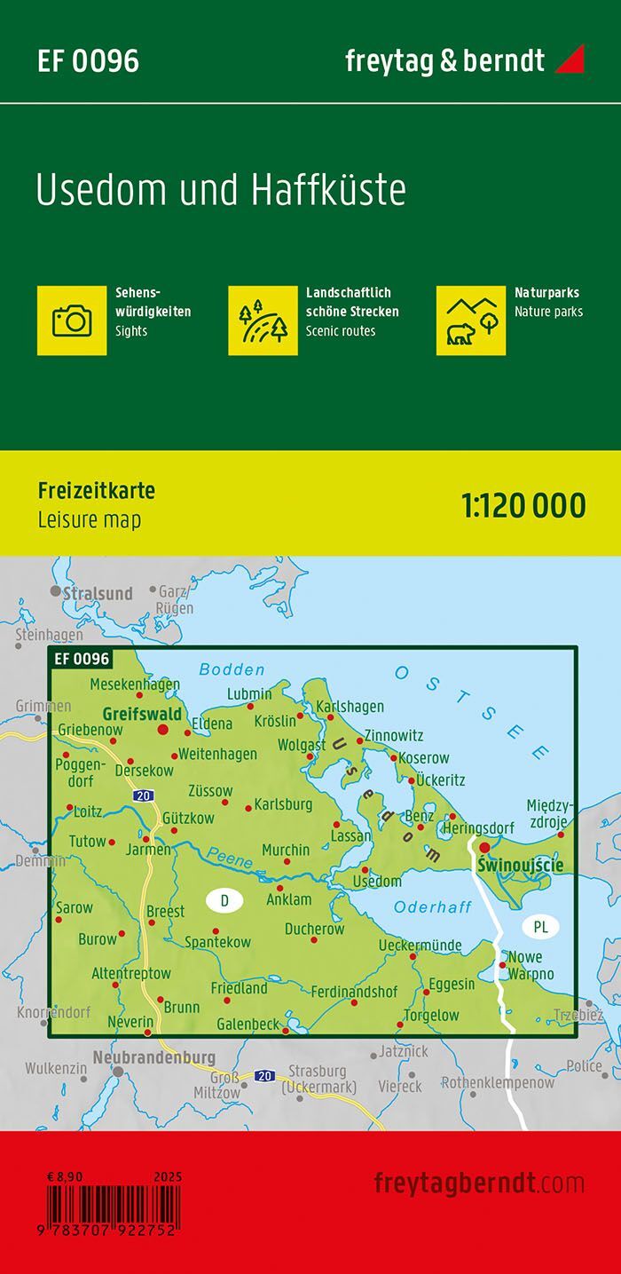 Usedom og Haffküste – fritidskart 1:120 000 (vannfast) – bakside