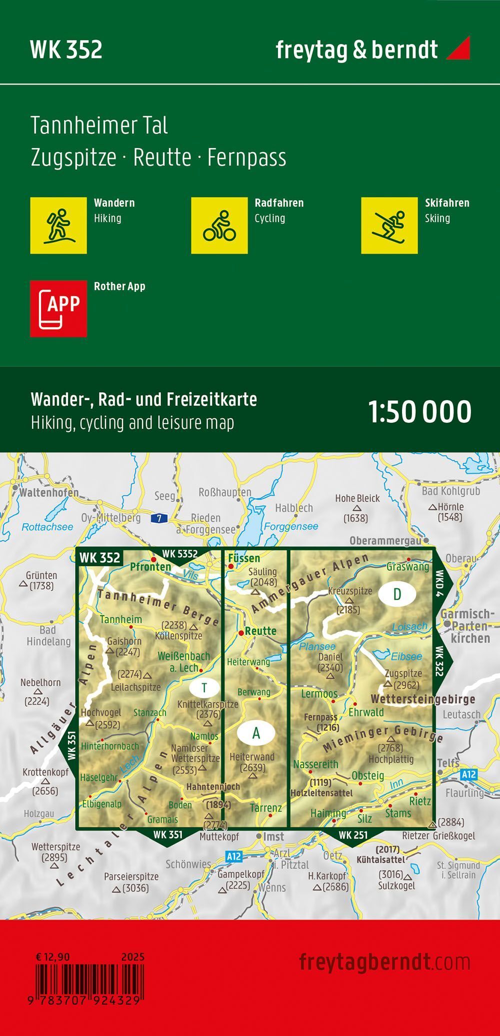 Tannheimer Tal, Reutte og Zugspitze – turkart 1:50 000 (vannfast) – bakside