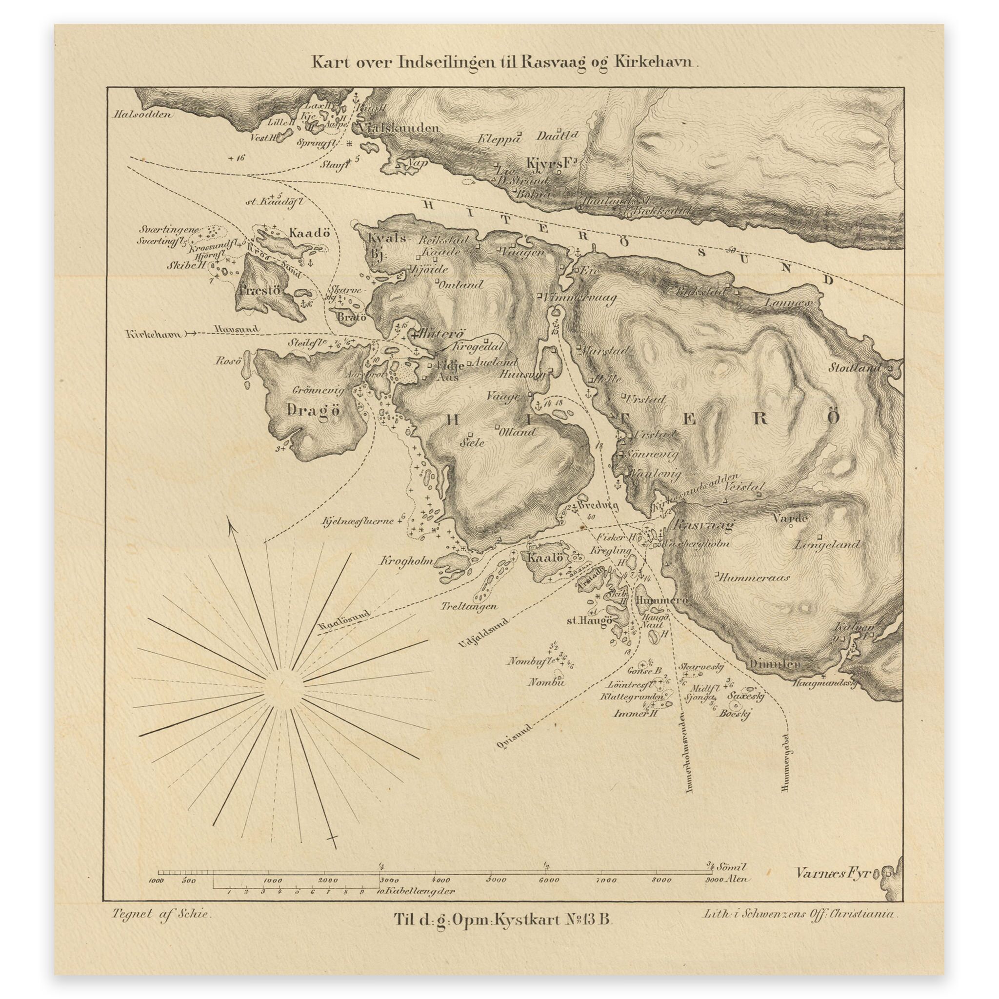 Historisk sjøkart over innseilingen til Rasvåg og Kirkehavn på Hidra