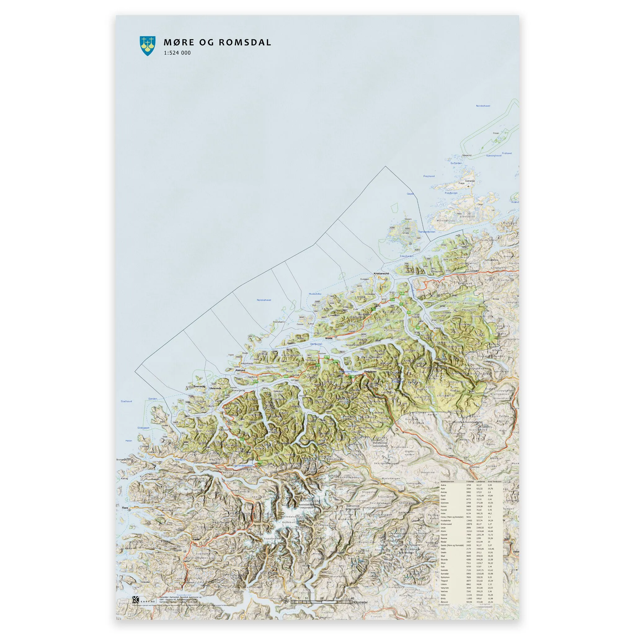 Kart over Møre og Romsdal i størrelse 50x75 cm med kommuner og oppdaterte grenser – tilgjengelig som plakat, på plate eller ferdig innrammet.