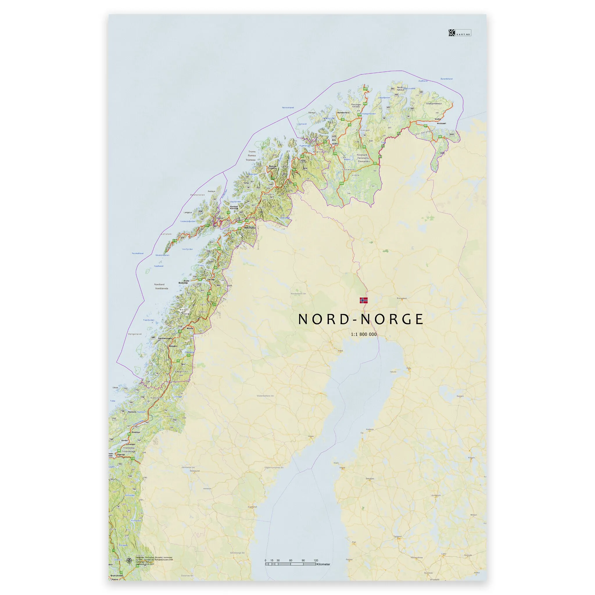 Kart over Nord-Norge i størrelse 50x75 cm med fylker og byer – leveres som plakat, på plate eller ferdig innrammet.