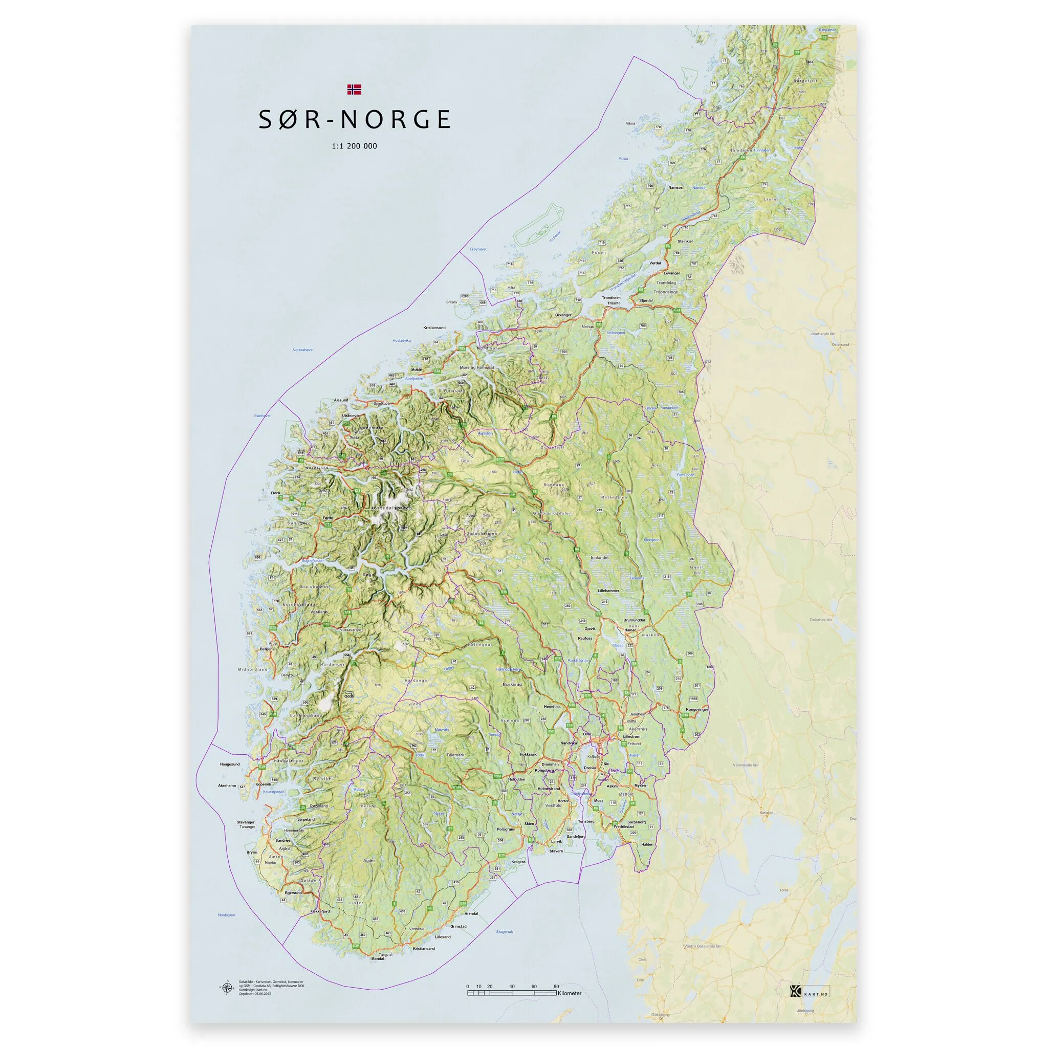 Kart i størrelse 50x75 cm over Sør-Norge med fylker og byer – tilgjengelig som plakat, på plate eller ferdig innrammet.