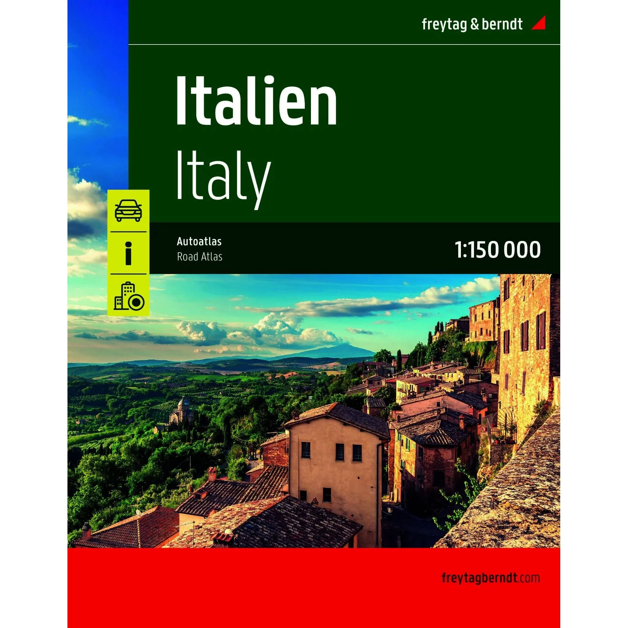 Omslag til stort bilatlas over Italia med veibilde fra italiensk kystby
