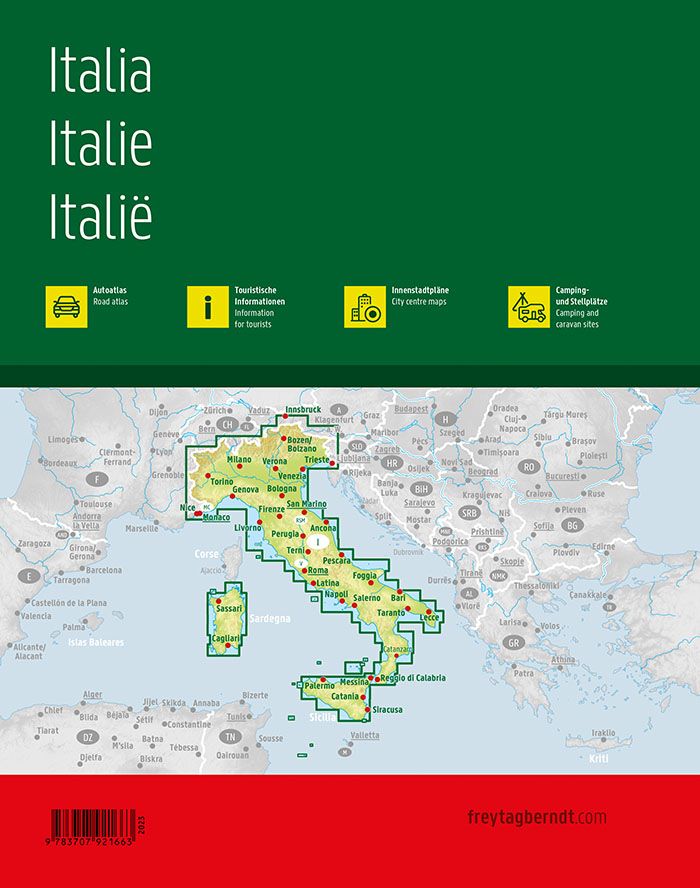 Bakside av stort bilatlas over Italia med informasjon om dekning, bykart og campingplasser