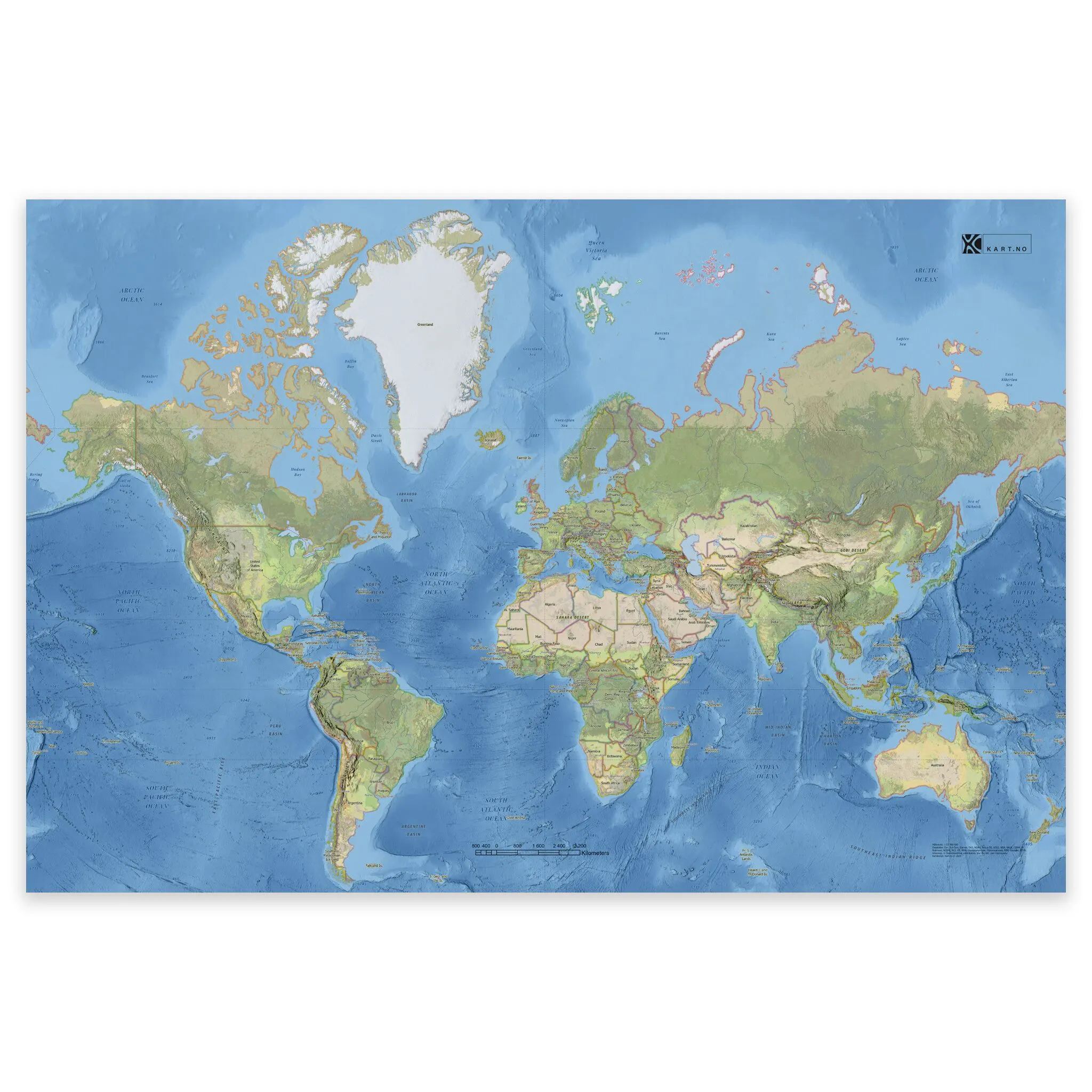 Klassisk verdenskart i størrelse 50x75 cm med land og hovedsteder – stilrent veggkart på engelsk, tilgjengelig som plakat, på plate eller ferdig innrammet.