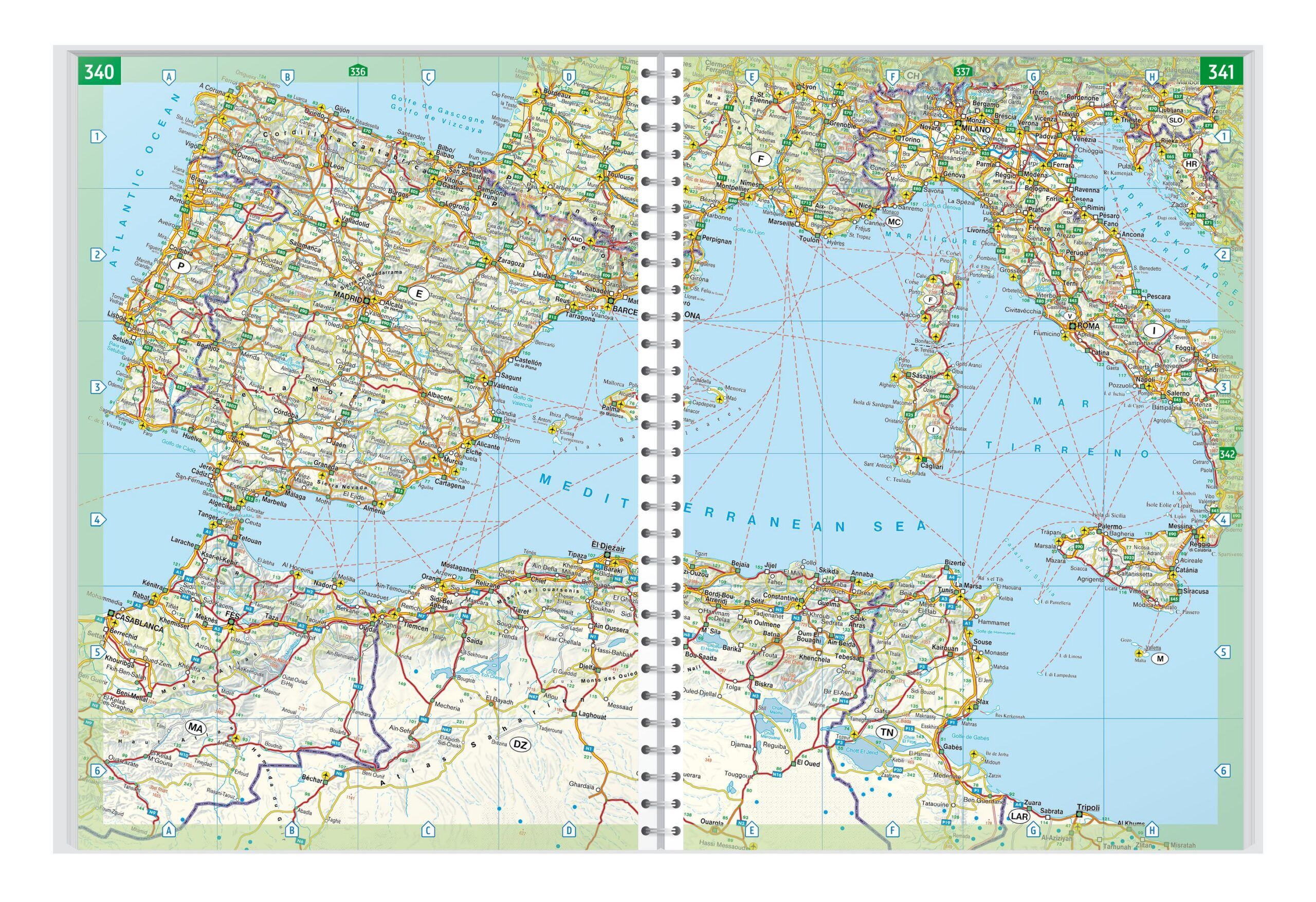 Europa bilatlas oppslått med detaljerte veikart