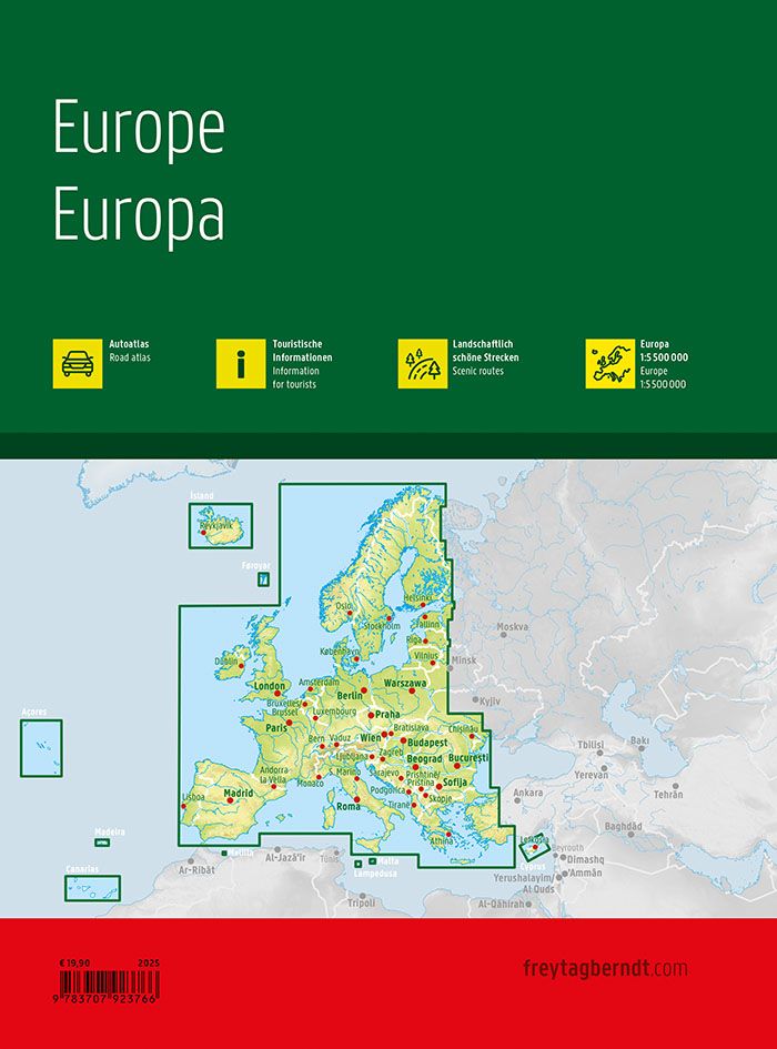 Bakside av Europa bilatlas med informasjon om innhold og dekning