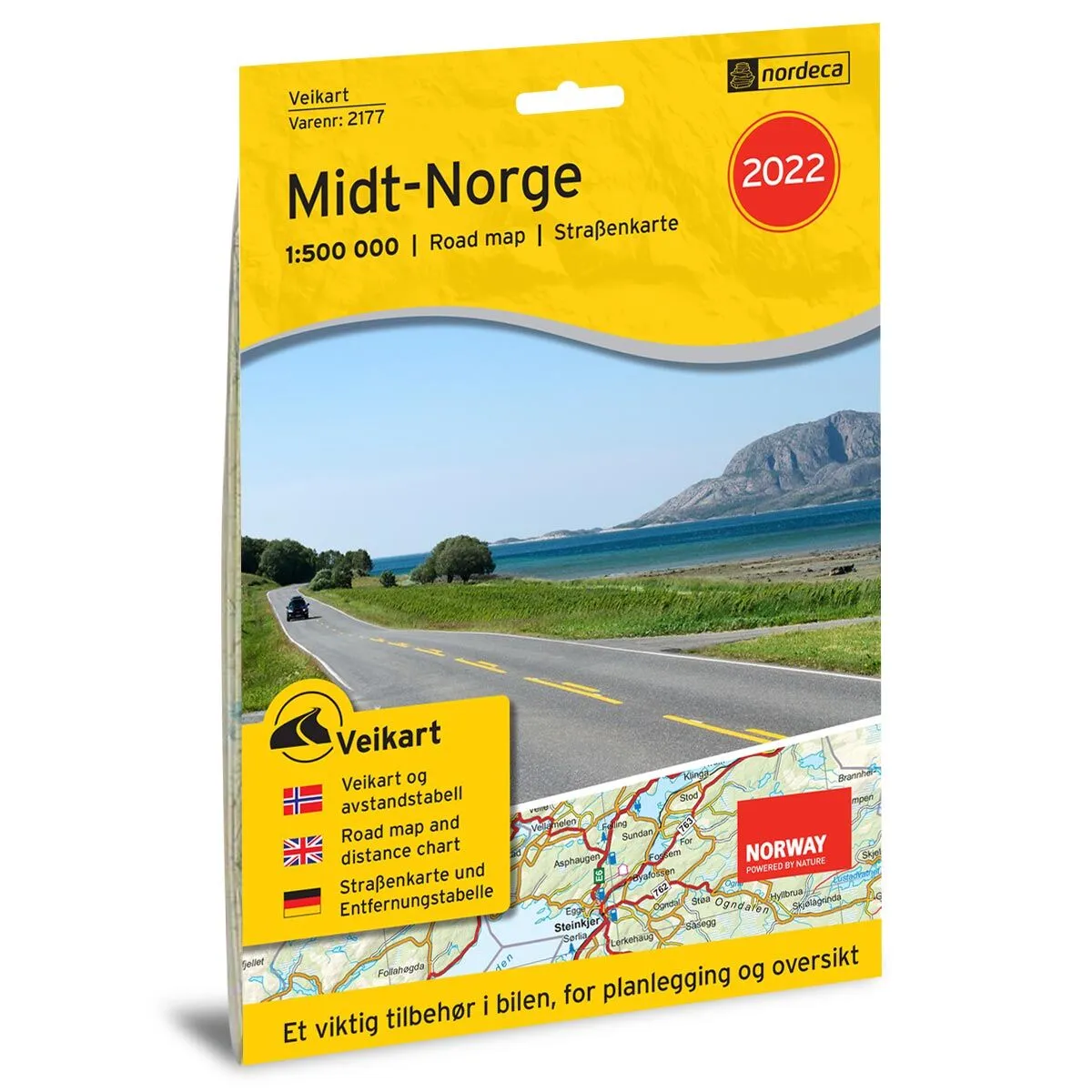 Veikart for Midt-Norge i målestokk 1:500 000 med veinett og reiseinformasjon