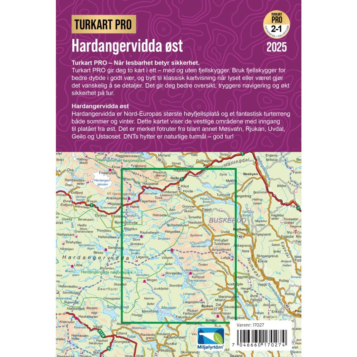Hardangervidda Øst Turkart Pro 1:100 000 – bakside