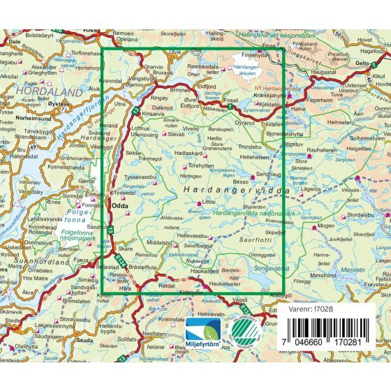 Kartutsnitt som viser dekningsområdet for Hardangervidda Vest Turkart Pro 1:100 000