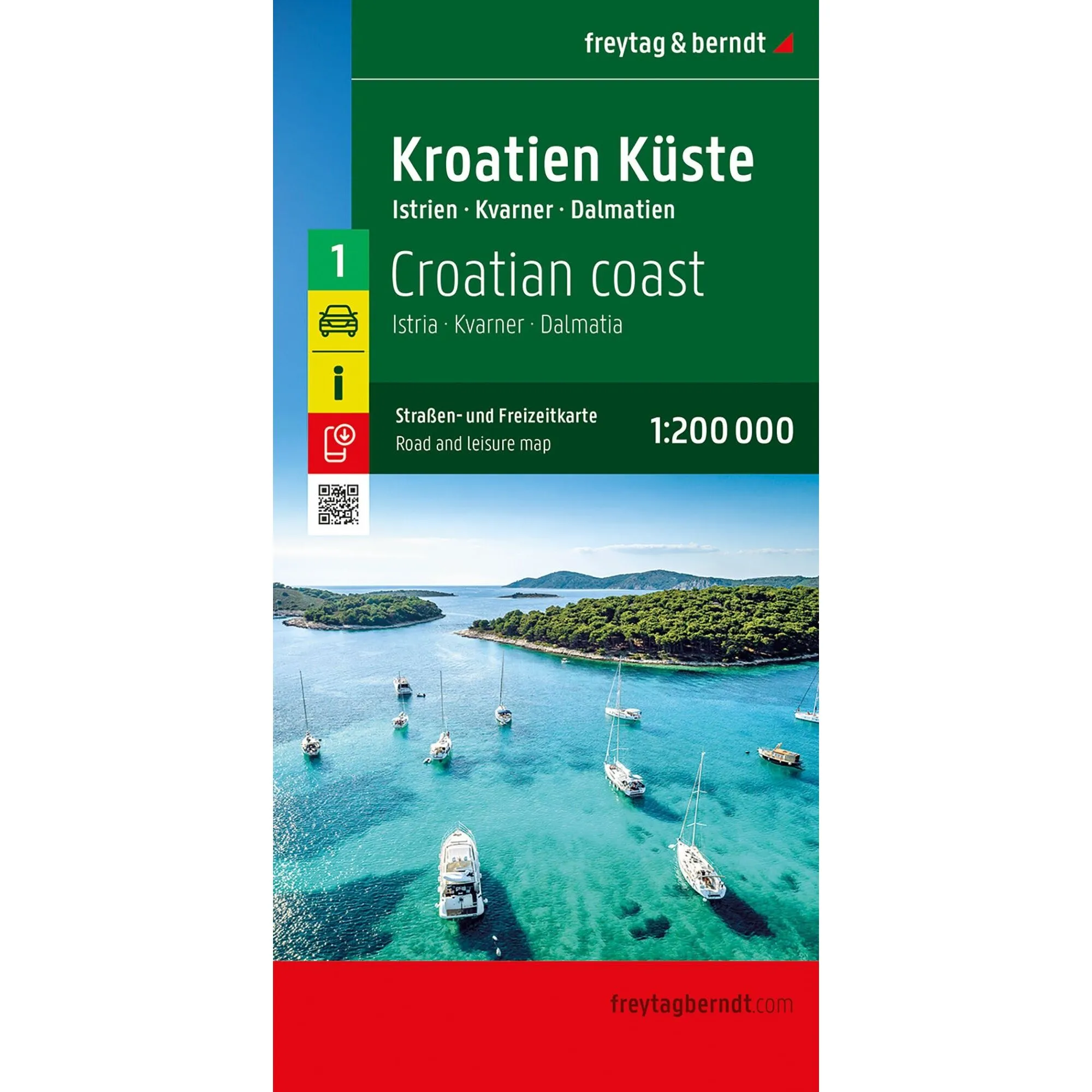 Veikart over Kroatias kyst med Istria, Kvarner og Dalmatia