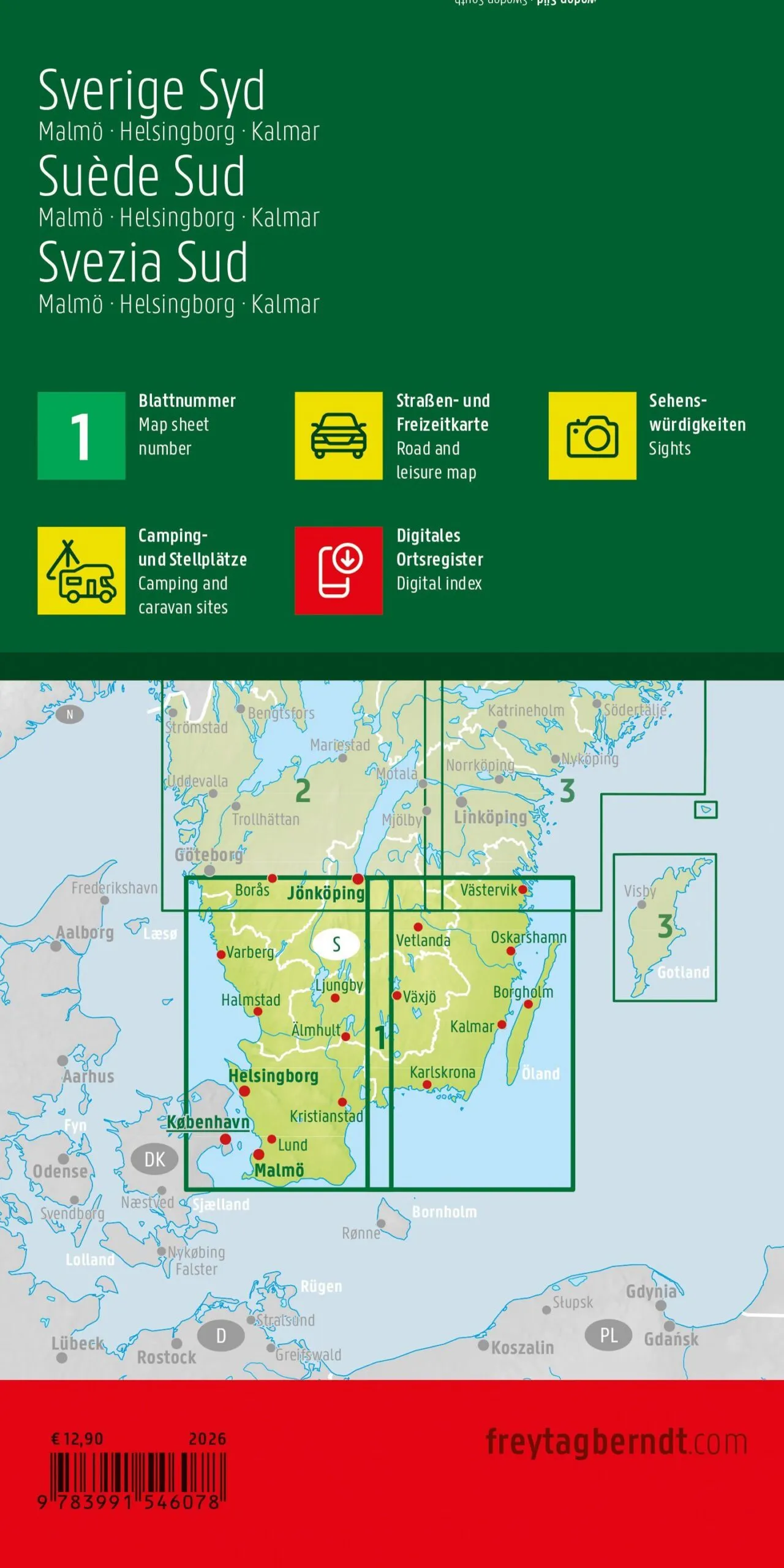 Baksiden av veikartet Sør-Sverige 1:250 000 med