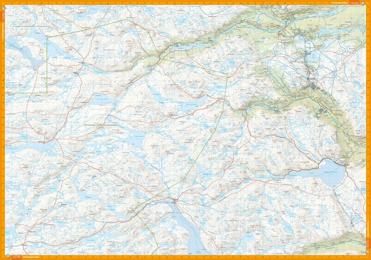 Turkart over Hardangervidda øst med Rjukan og Gaustatoppen