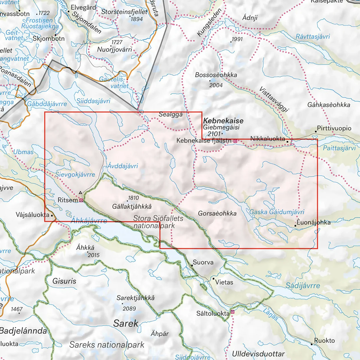 Kartutsnitt Kungsleden Nikkaluokta Ritsem Vakkotavare 1:50 000