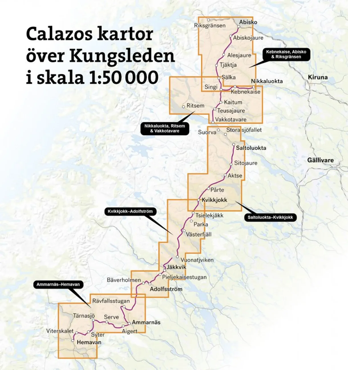 Kartutsnitt Kungsleden Nikkaluokta Ritsem Vakkotavare 1:50 000