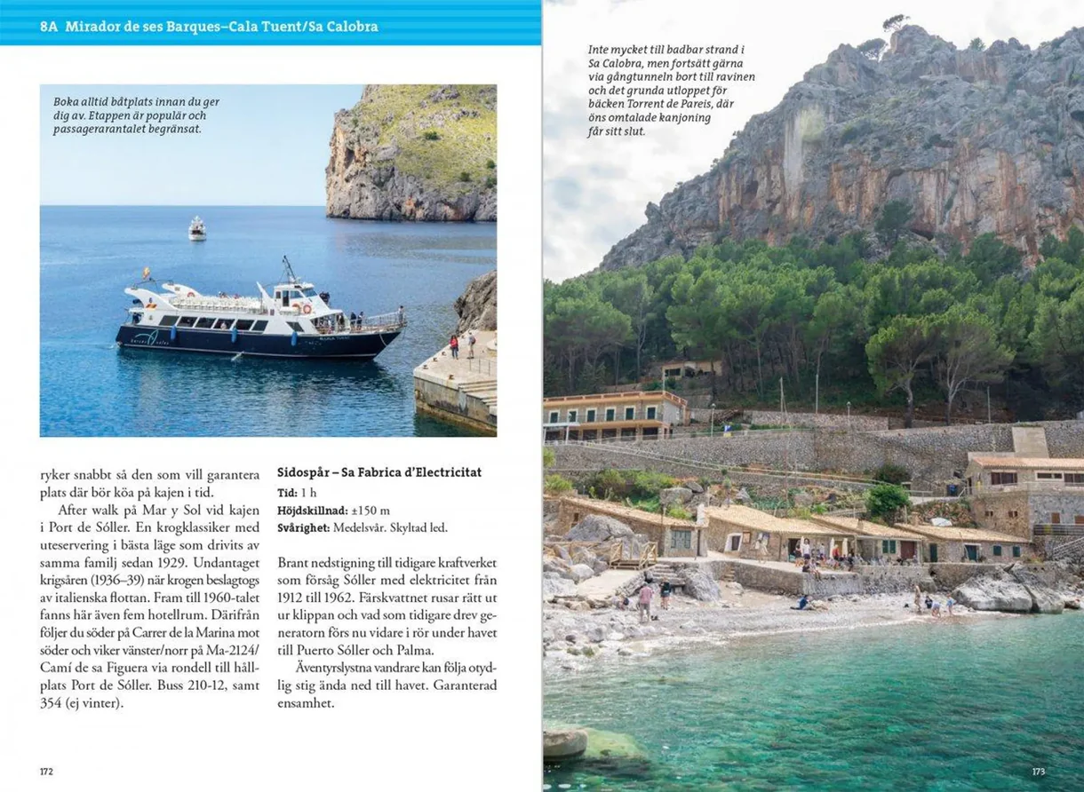 Oppslag fra Vandra i bergen på Mallorca med kart, turbeskrivelser og fotografier